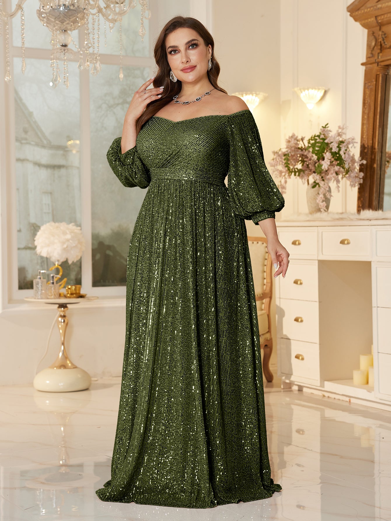 One Shoulder Elegant Formal Plus Size Sequined Dress