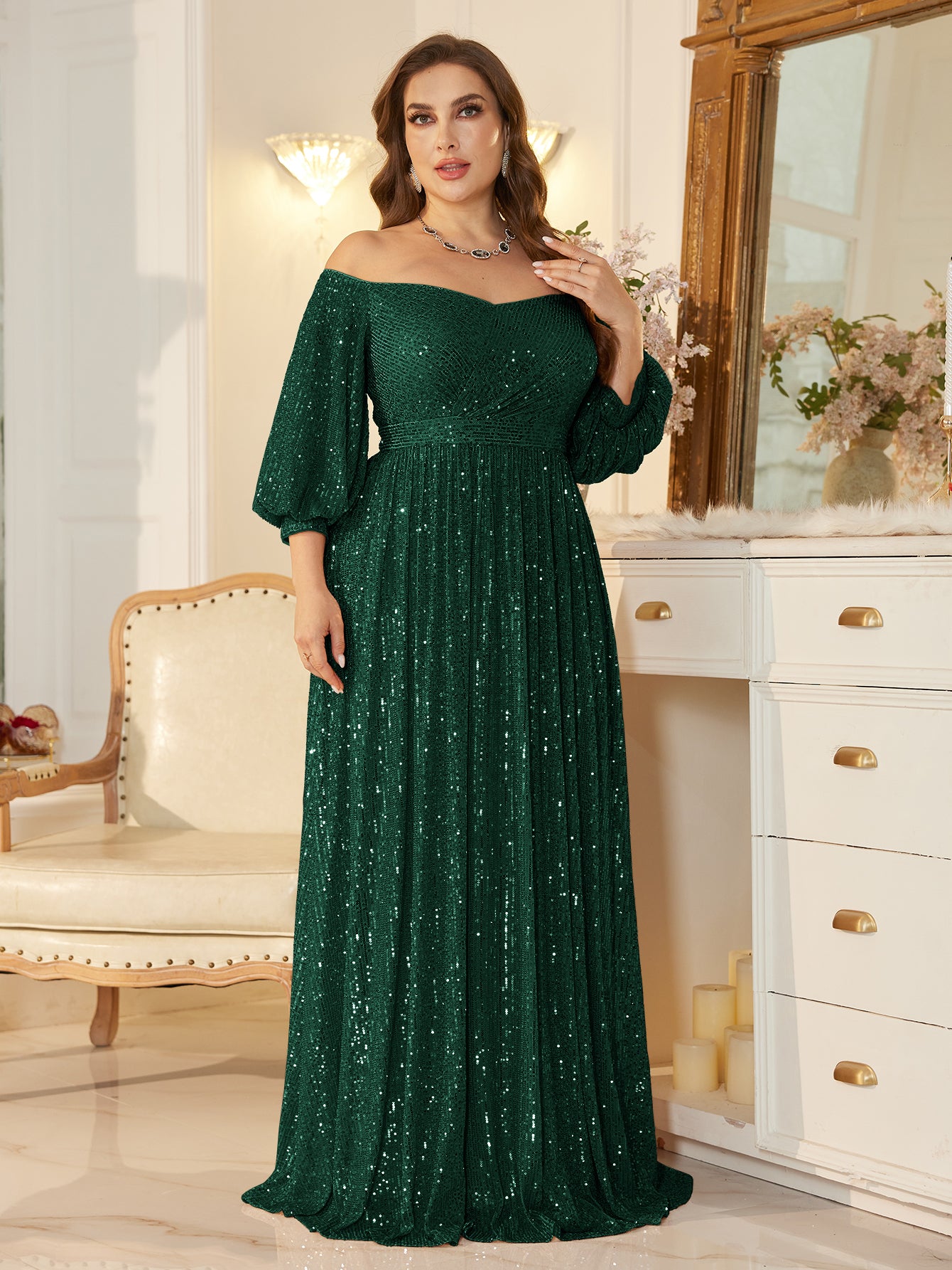 One Shoulder Elegant Formal Plus Size Sequined Dress