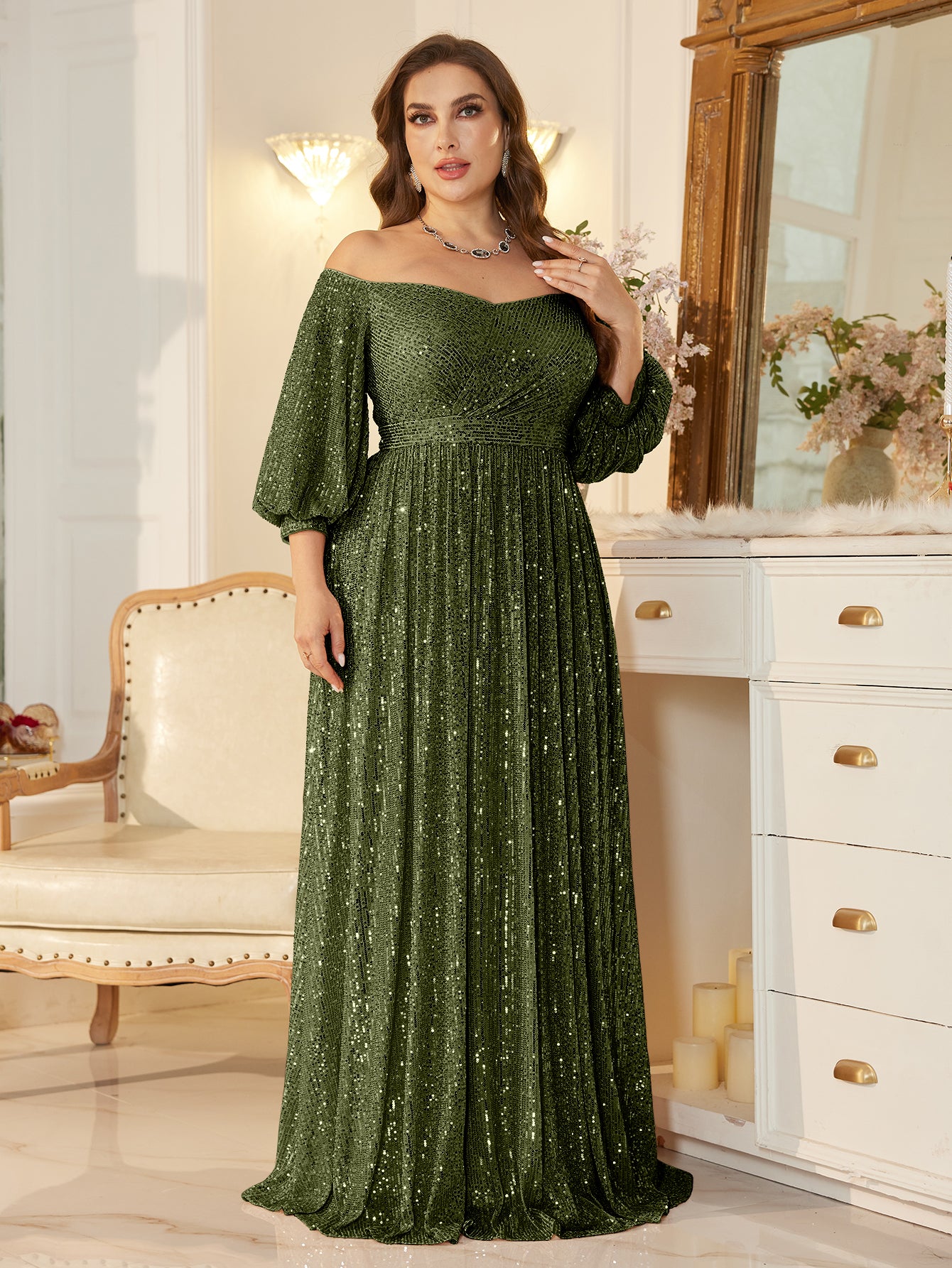One Shoulder Elegant Formal Plus Size Sequined Dress