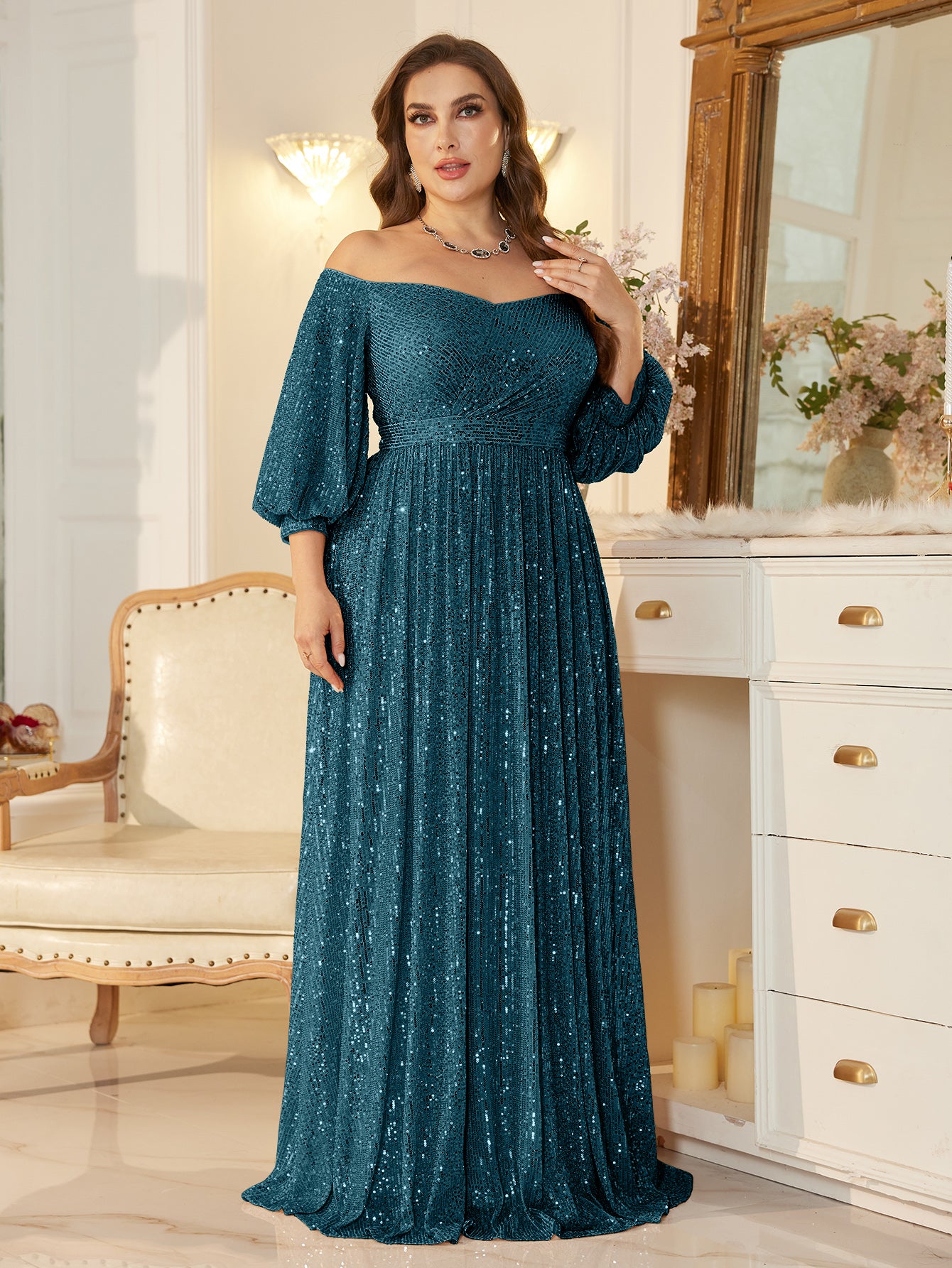 One Shoulder Elegant Formal Plus Size Sequined Dress