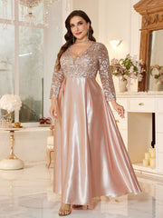 Blush Pink Satin Lace 3/4 Sleeve V Neck Plus Size A Line Evening Gown