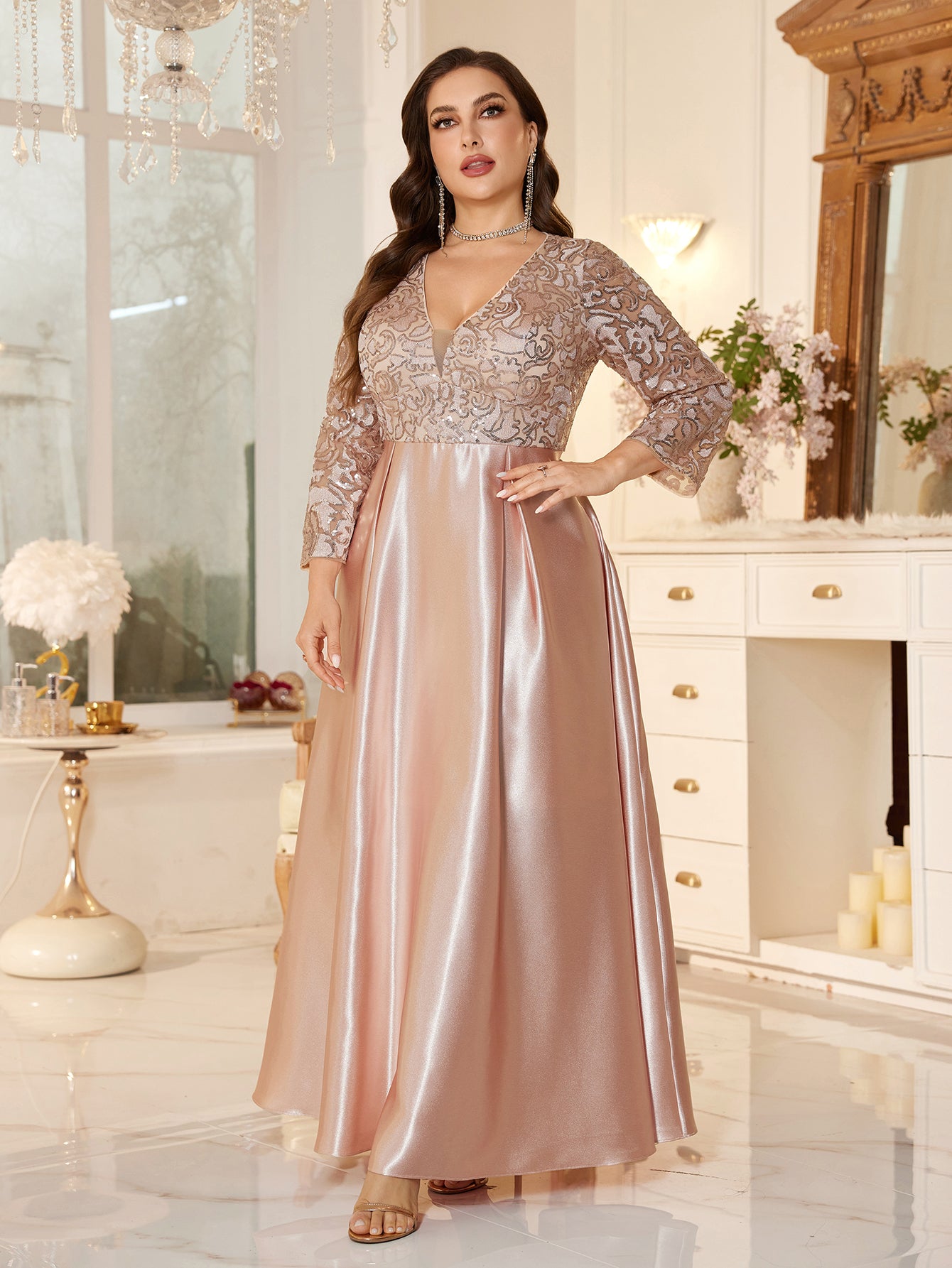Women Elegant Blush Pink Sequin Lace Long Party Dress For Mother Of Bride