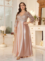Women Elegant Blush Pink Sequin Lace Long Party Dress For Mother Of Bride