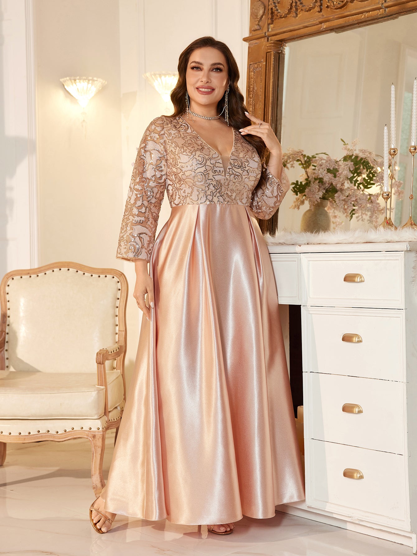 Women Elegant Blush Pink Sequin Lace Long Party Dress For Mother Of Bride