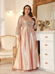 Blush Pink Satin Lace 3/4 Sleeve V Neck Plus Size A Line Evening Gown