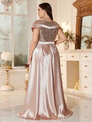 Plus-Size Floor-Fength Wedding Guest Gown With a V-Neck and Shoulder-Covering Sleeves.
