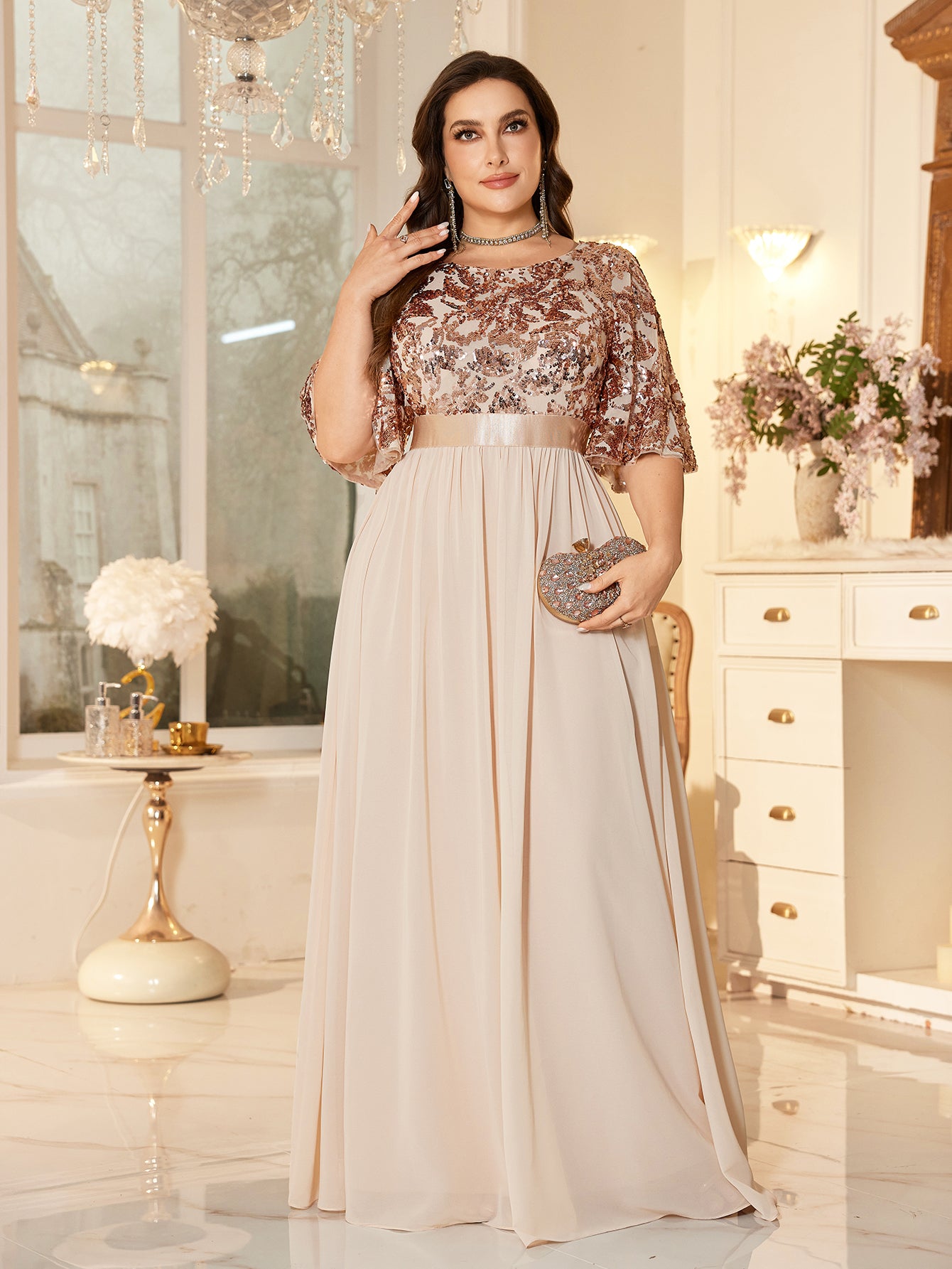 Elegant Formal Round Neck Lotus Leaf Five Quarter Sleeve Sequin Splicing Mesh Elegant Long Dress