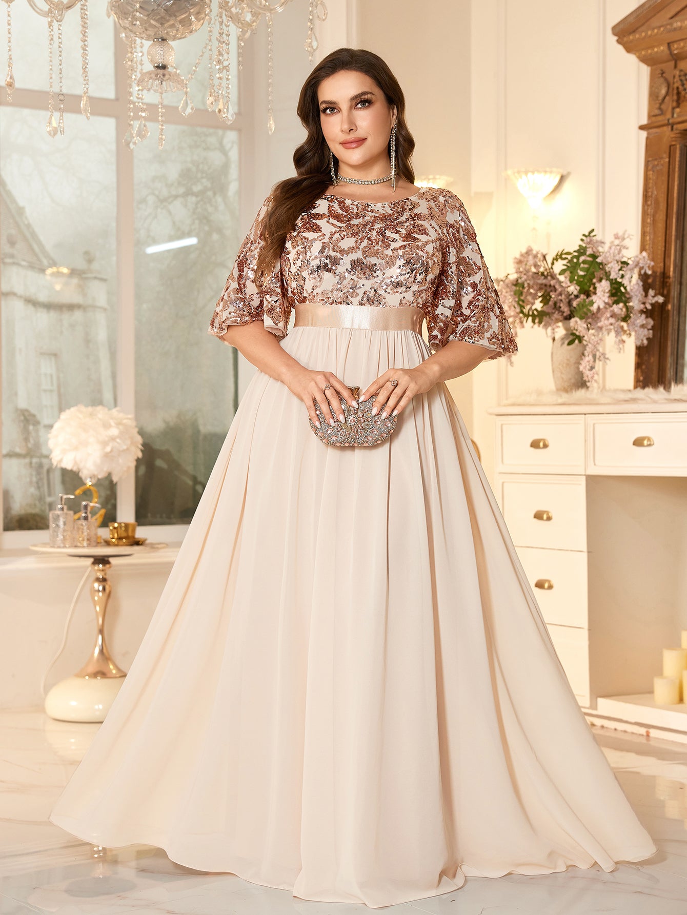 Elegant Formal Round Neck Lotus Leaf Five Quarter Sleeve Sequin Splicing Mesh Elegant Long Dress