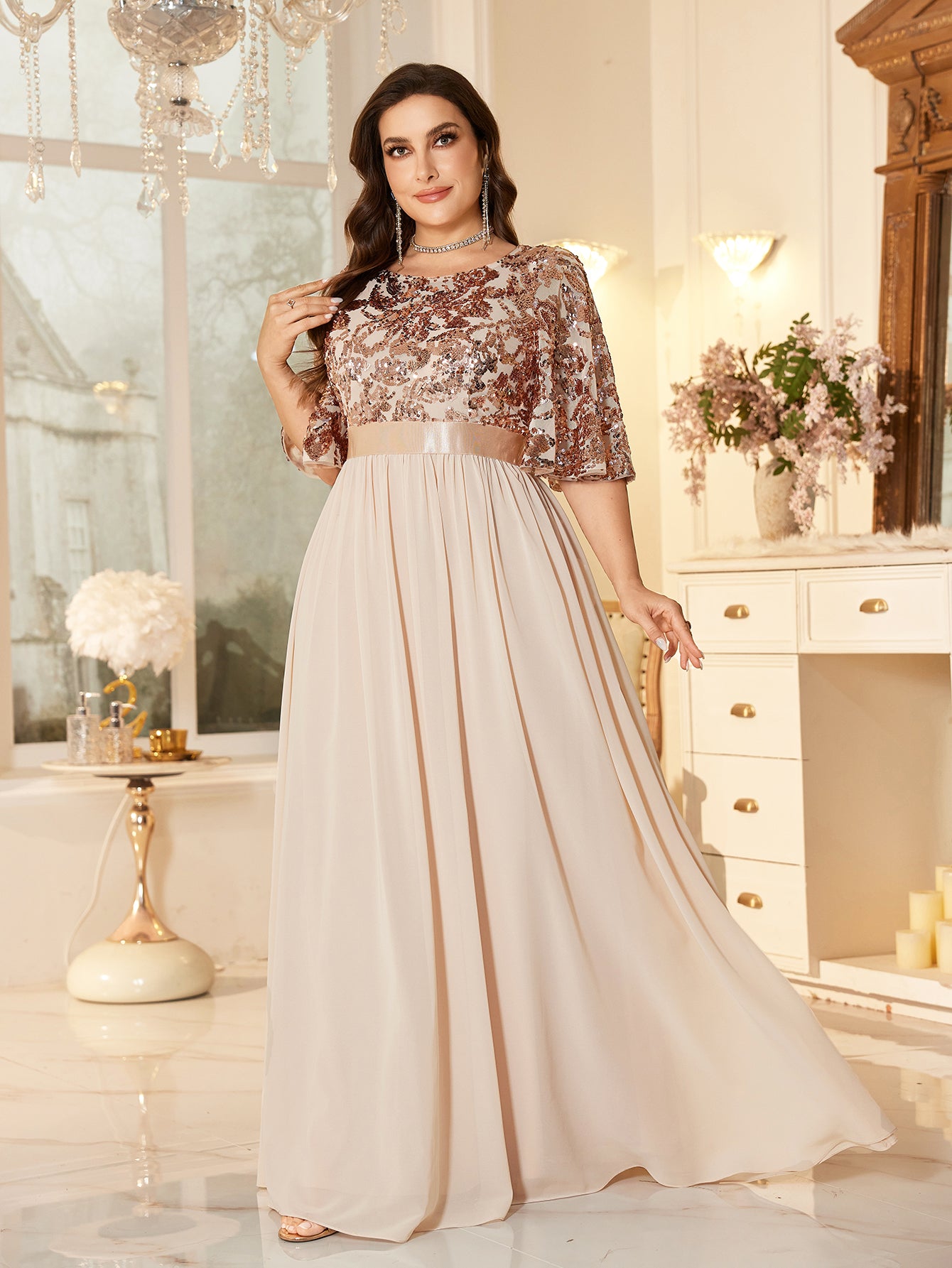 Elegant Formal Round Neck Lotus Leaf Five Quarter Sleeve Sequin Splicing Mesh Elegant Long Dress