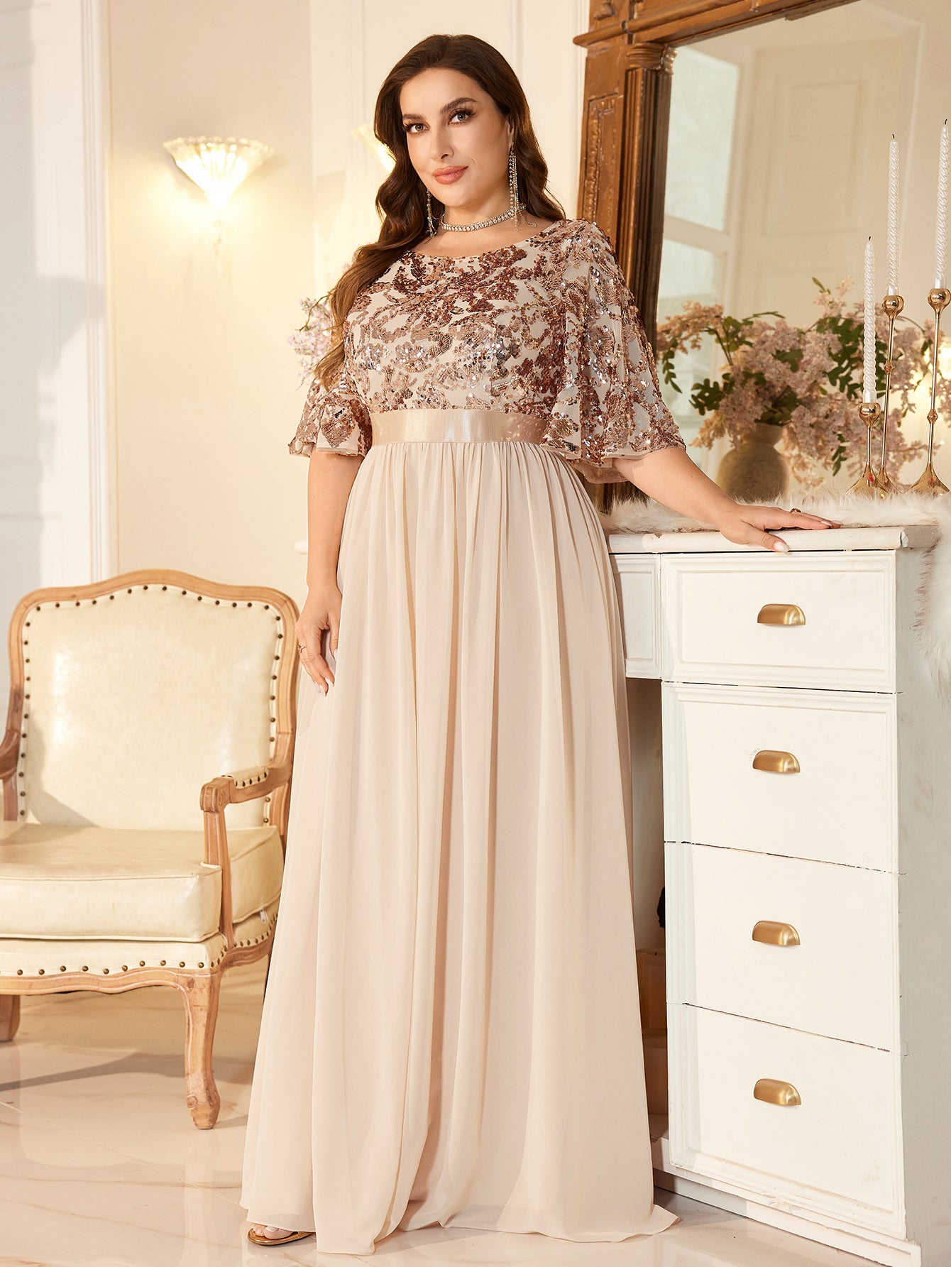 Elegant Formal Round Neck Lotus Leaf Five Quarter Sleeve Sequin Splicing Mesh Elegant Long Dress