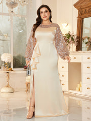 Elegant Heart Neck Slit Maxi Dress With Ruffle For Mother Of Bride Wedding Party