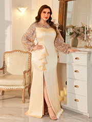 Elegant Heart Neck Slit Maxi Dress With Ruffle For Mother Of Bride Wedding Party