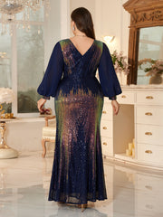 Plus-Size Navy Blue Long-Sleeved Evening Gown With iriDescent Sequins and Lantern Sleeves.