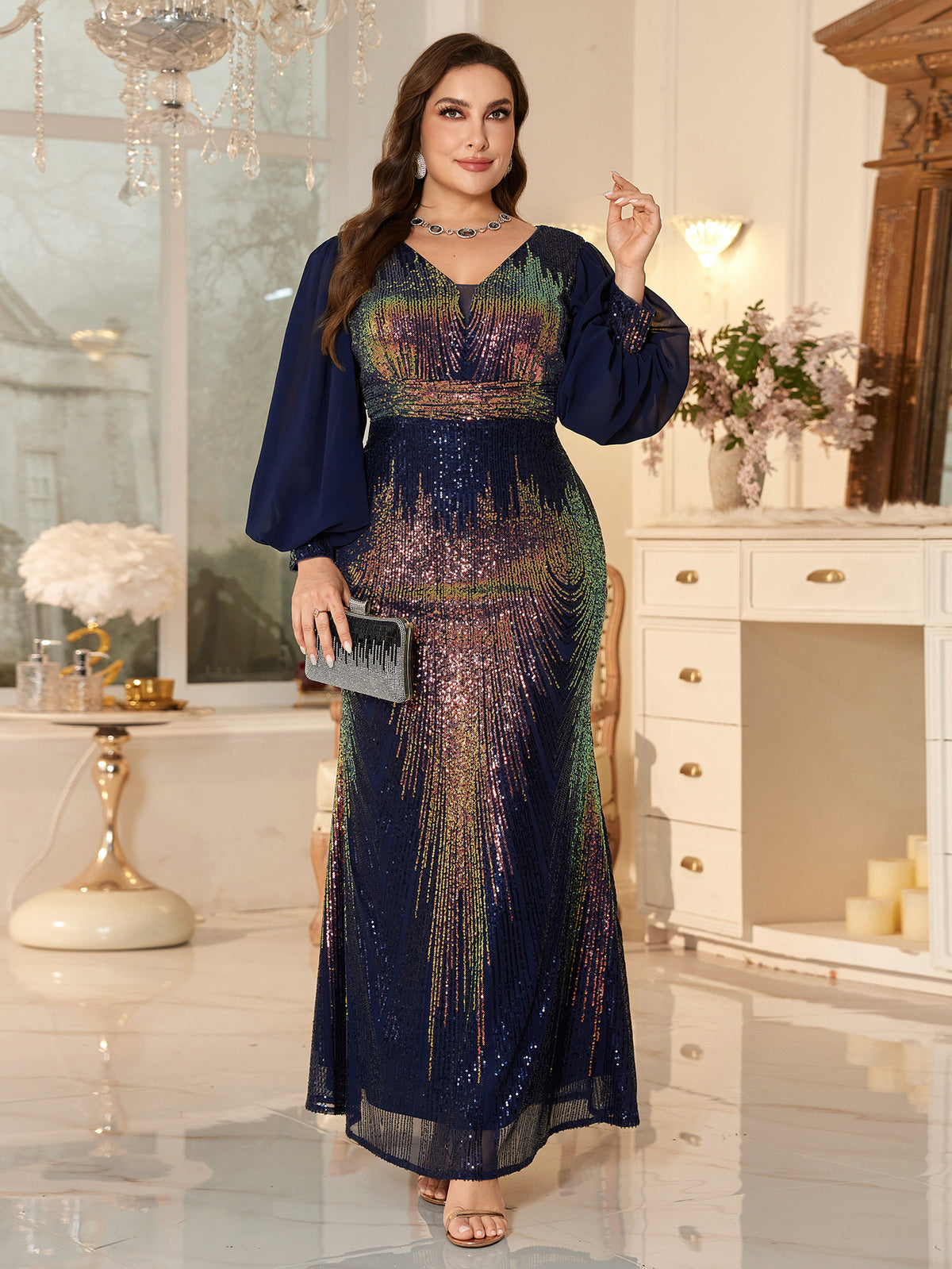 Plus-Size Navy Blue Long-Sleeved Evening Gown With iriDescent Sequins and Lantern Sleeves.