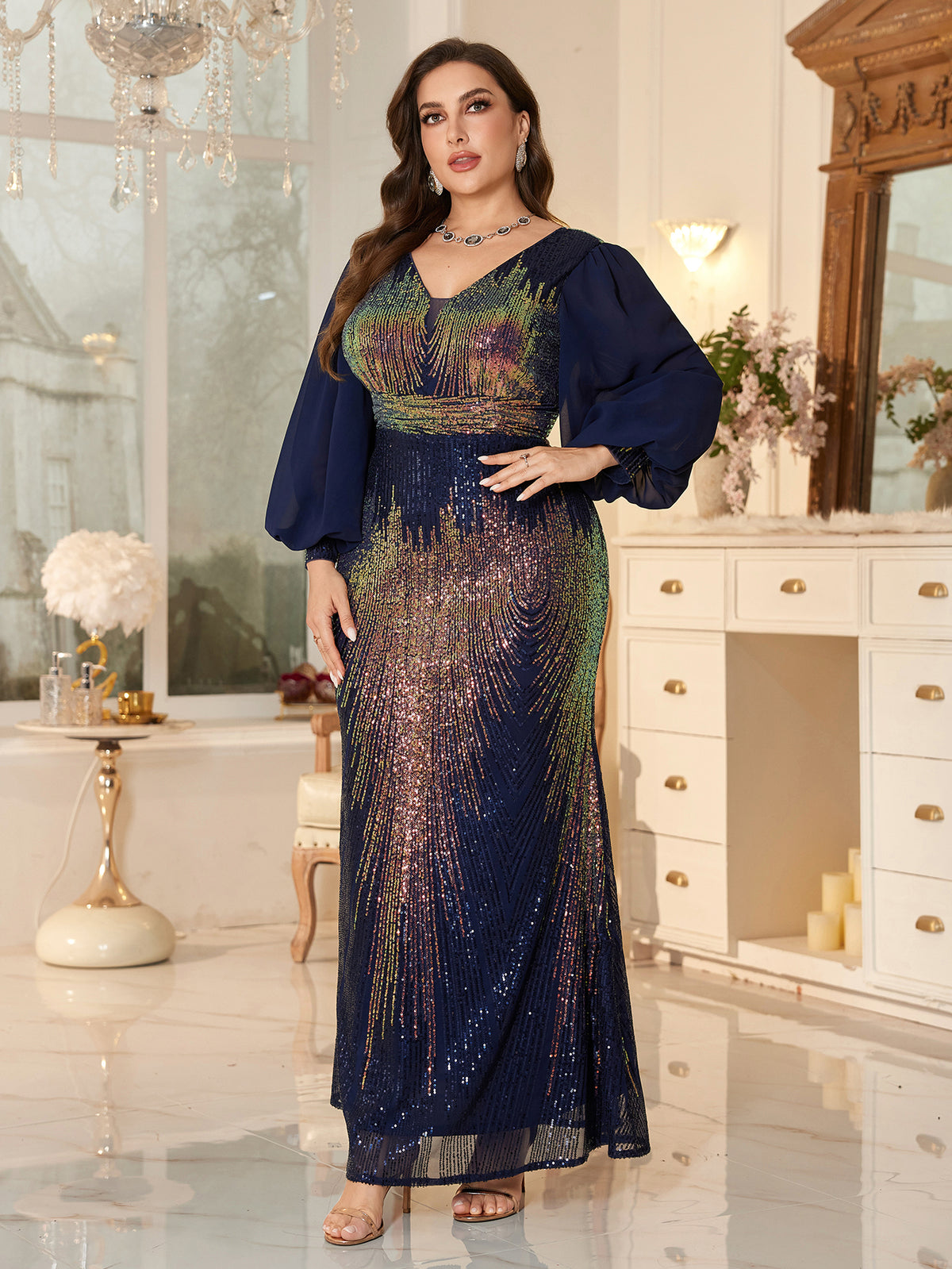 Plus-Size Navy Blue Long-Sleeved Evening Gown With iriDescent Sequins and Lantern Sleeves.