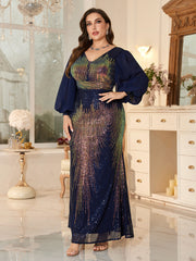 Plus-Size Navy Blue Long-Sleeved Evening Gown With iriDescent Sequins and Lantern Sleeves.