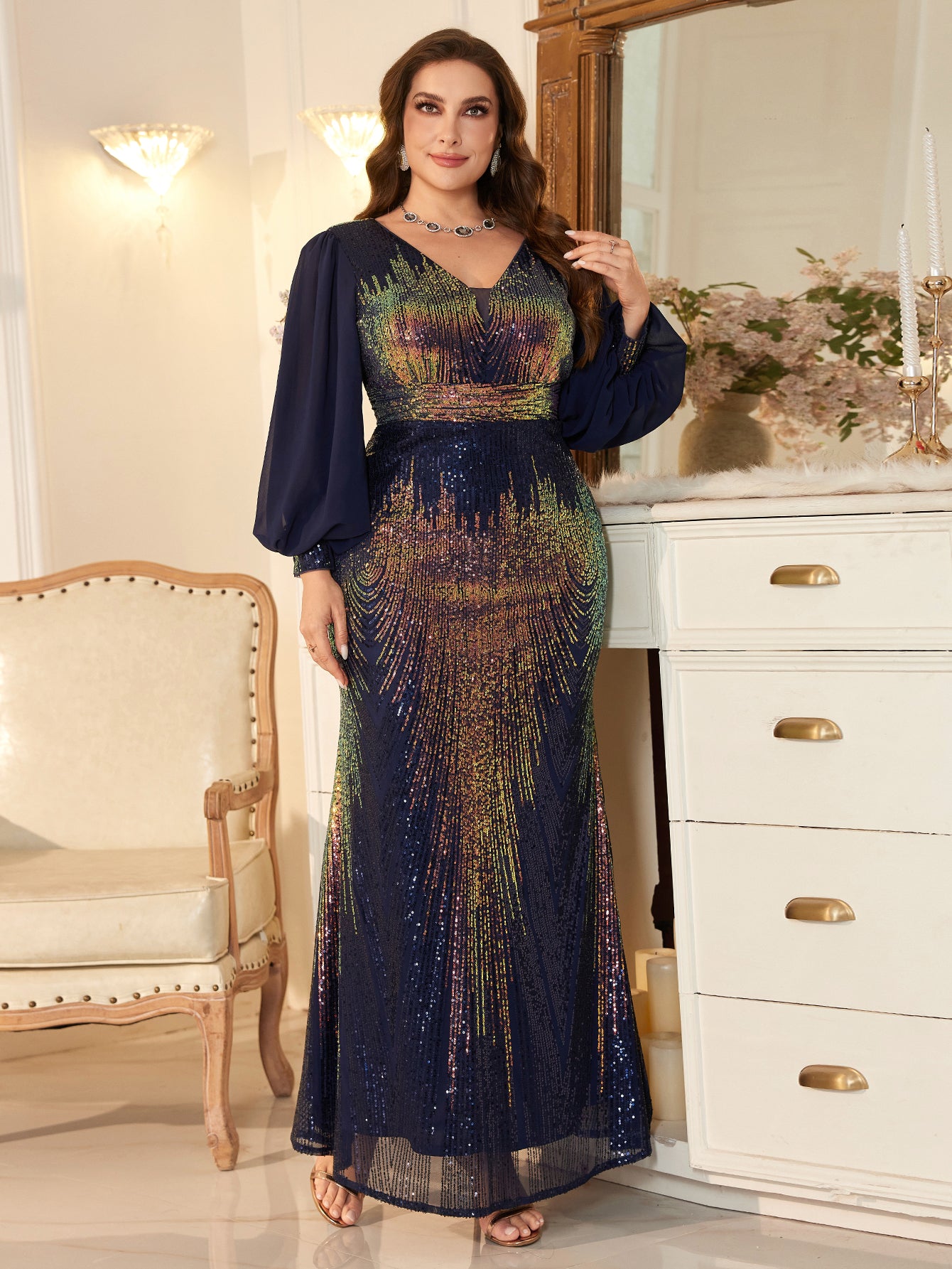 Plus-Size Navy Blue Long-Sleeved Evening Gown With iriDescent Sequins and Lantern Sleeves.