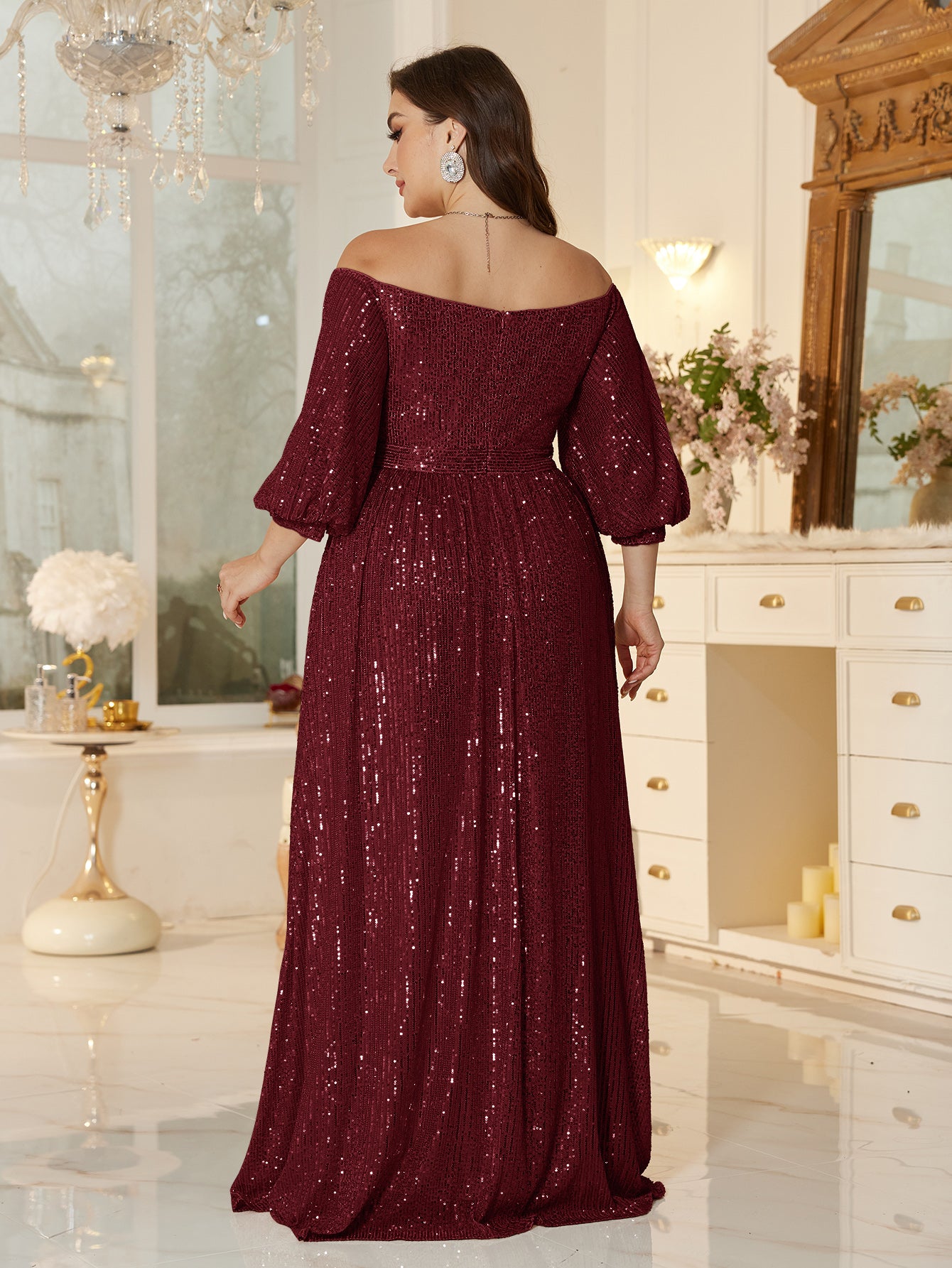 One Shoulder Elegant Formal Plus Size Sequined Dress