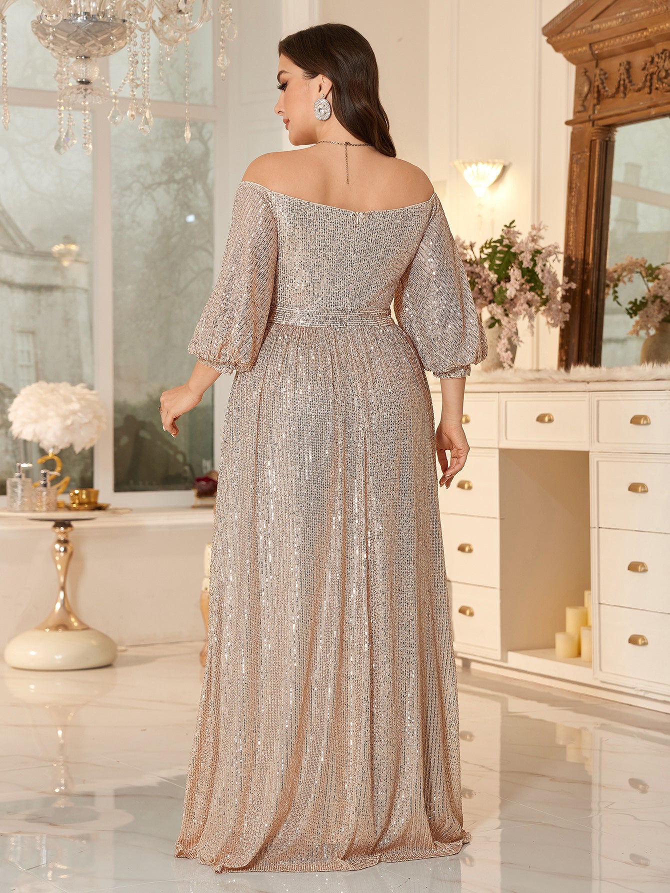High Waist Glitter Long Prom Dress Off Shoulder Loose A Line Gala Gown