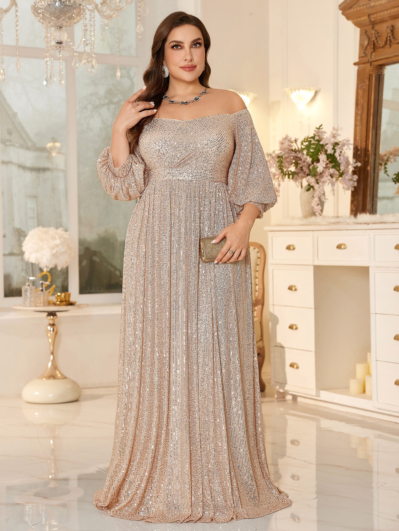 High Waist Glitter Long Prom Dress Off Shoulder Loose A Line Gala Gown
