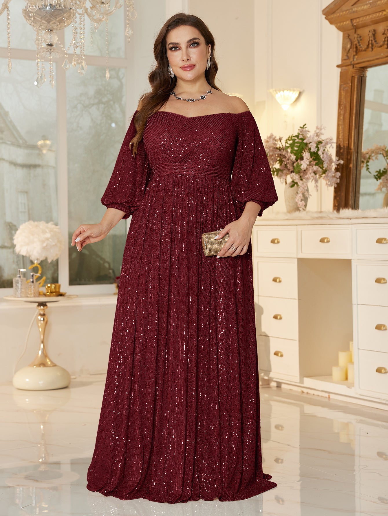 One Shoulder Elegant Formal Plus Size Sequined Dress