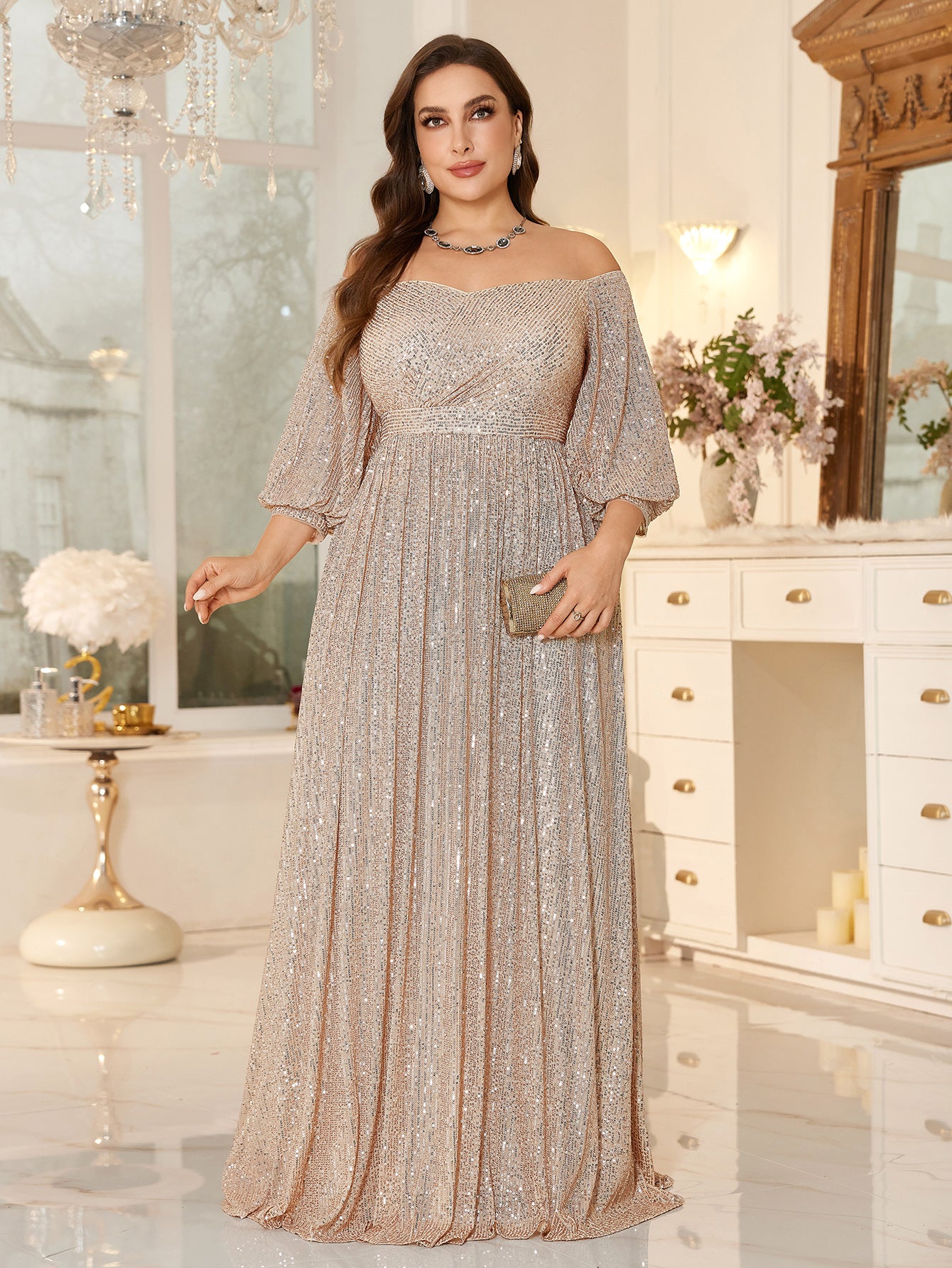 High Waist Glitter Long Prom Dress Off Shoulder Loose A Line Gala Gown