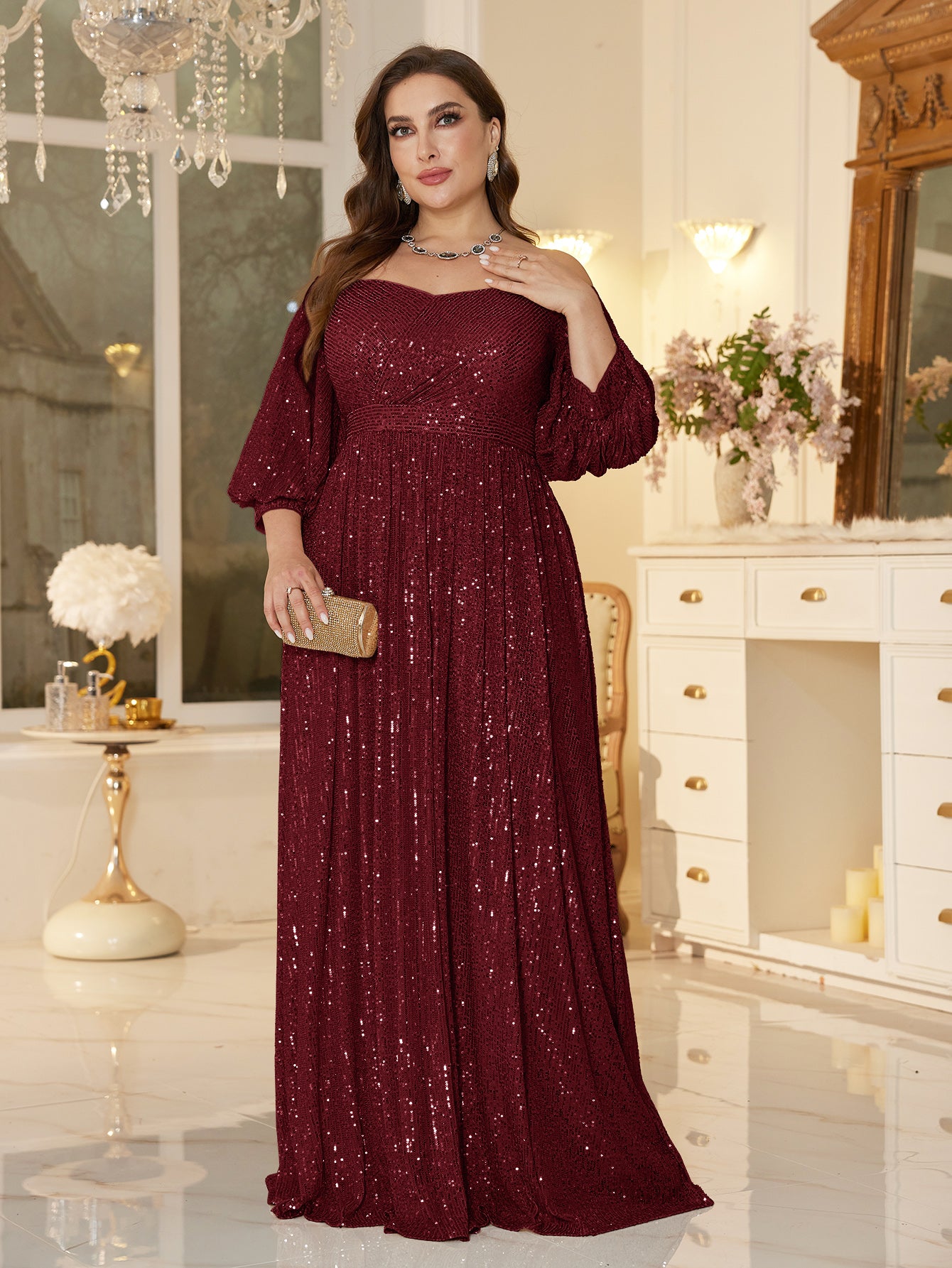One Shoulder Elegant Formal Plus Size Sequined Dress