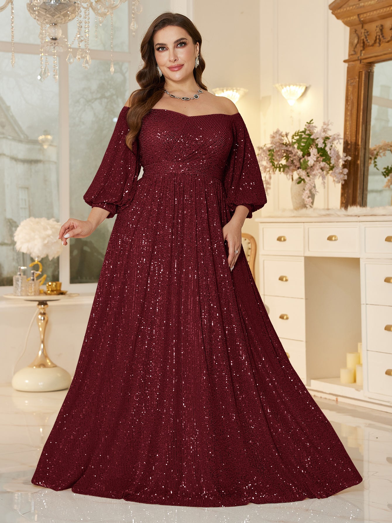 One Shoulder Elegant Formal Plus Size Sequined Dress