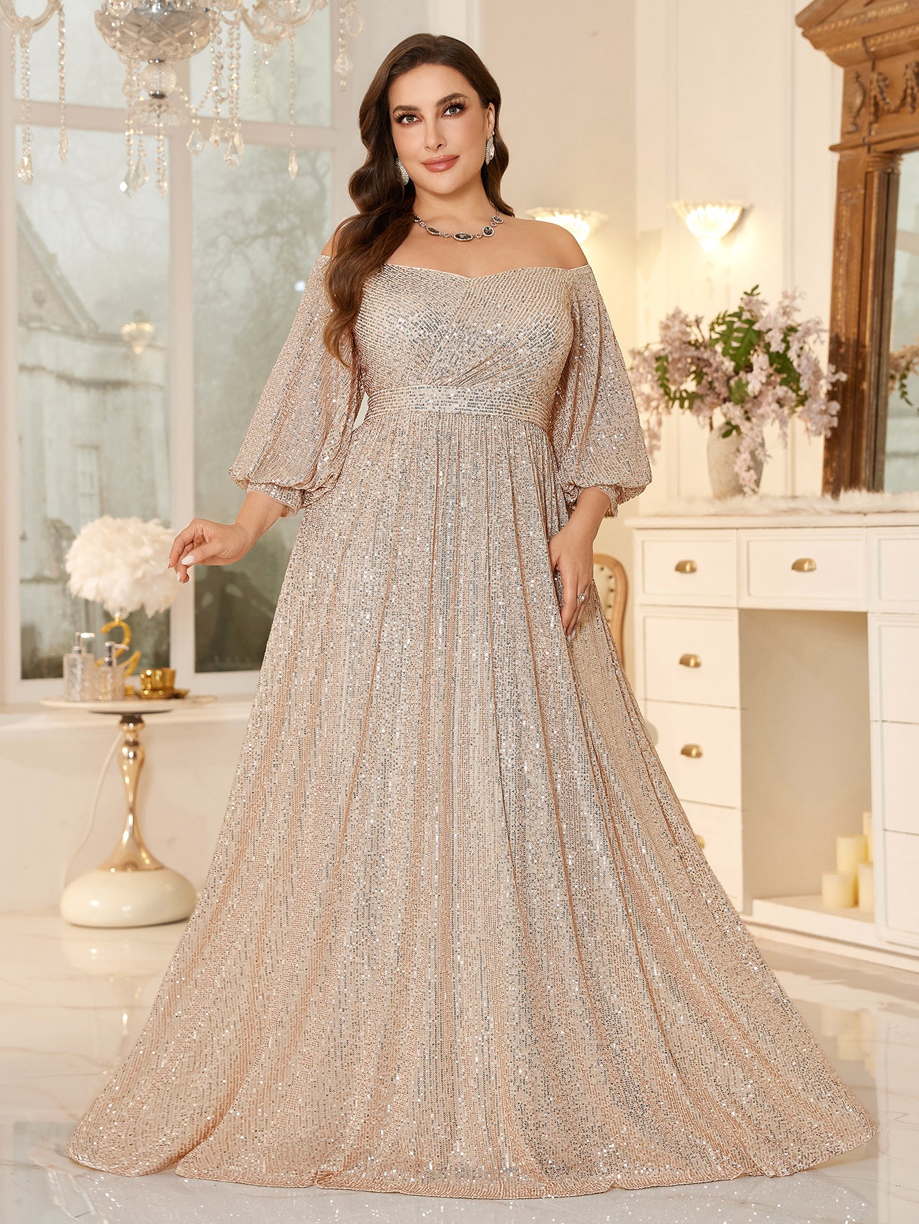 High Waist Glitter Long Prom Dress Off Shoulder Loose A Line Gala Gown