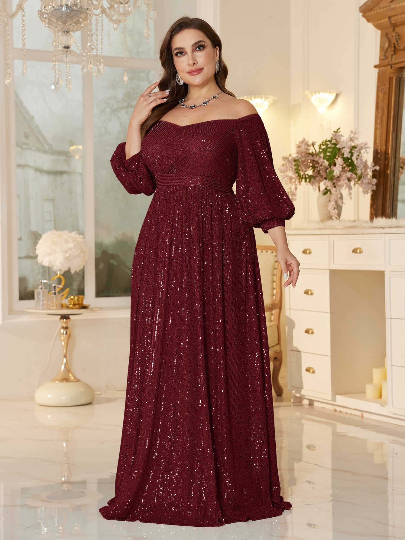 One Shoulder Elegant Formal Plus Size Sequined Dress