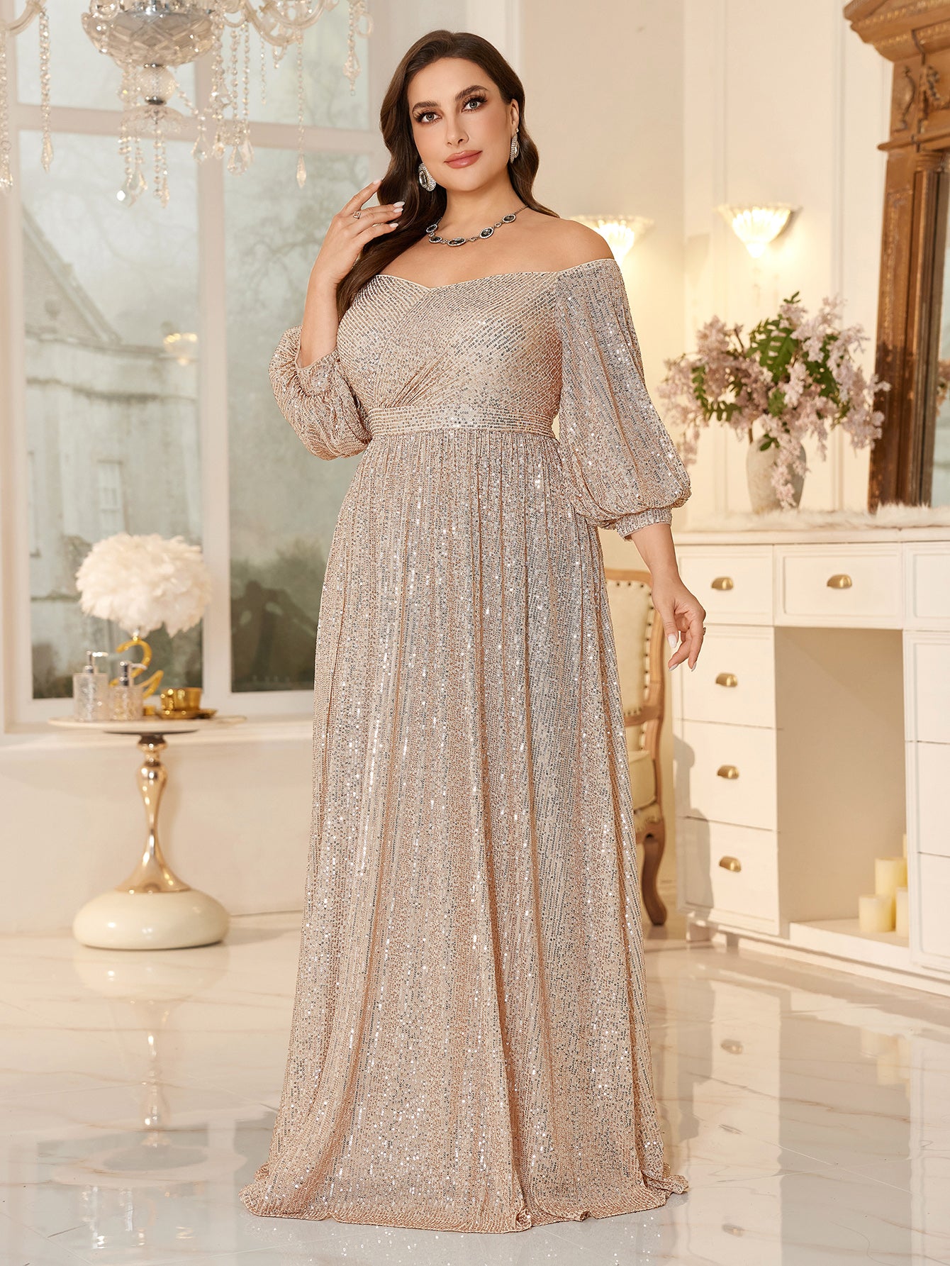 High Waist Glitter Long Prom Dress Off Shoulder Loose A Line Gala Gown