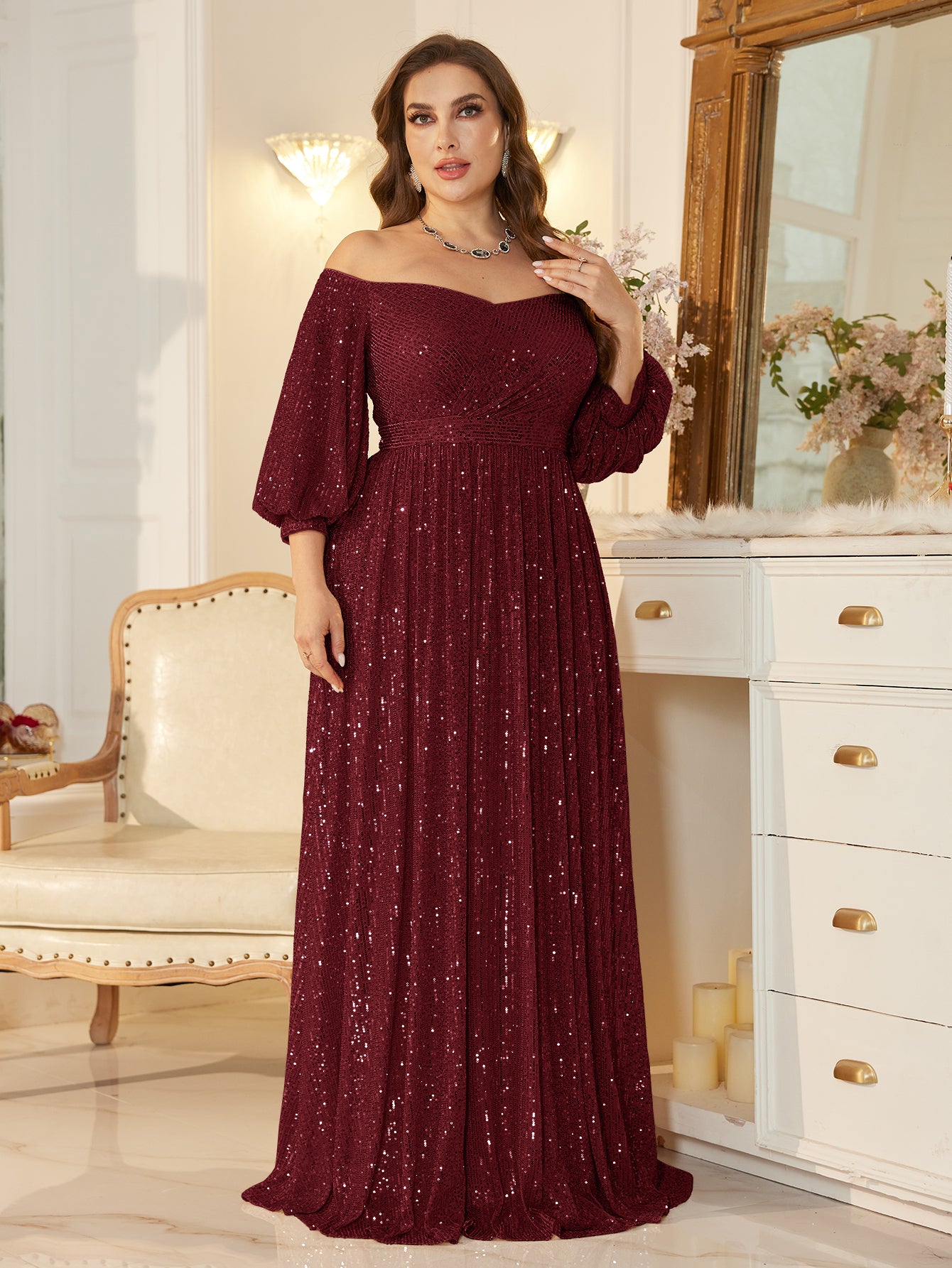 One Shoulder Elegant Formal Plus Size Sequined Dress