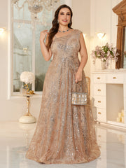 Plus-Size one-Shoulder Champagne Sequin Evening Gown