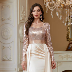 Stretch patchwork waistband and elastic satin skirt