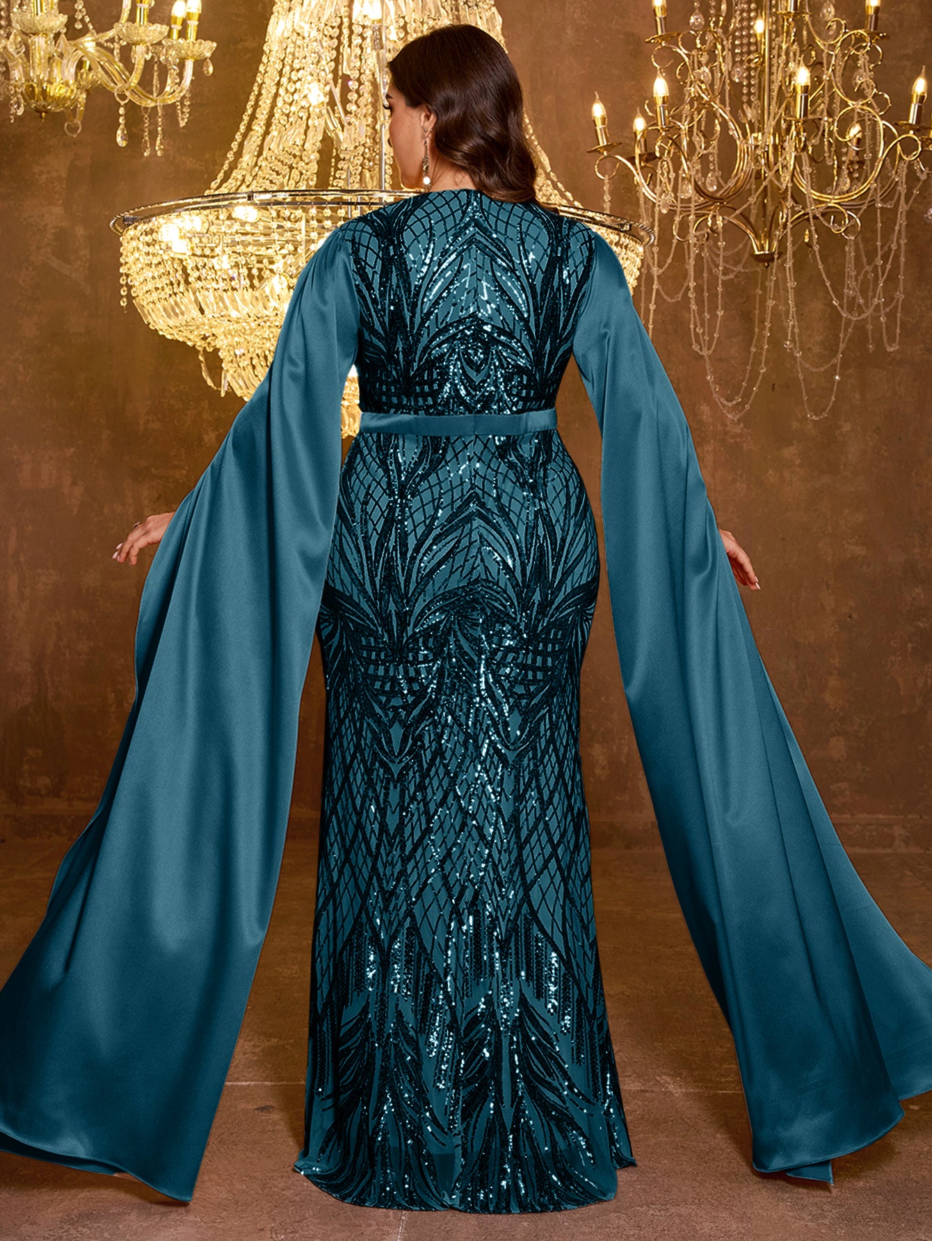 Long Slim Fit Sequin Embroidered Dress