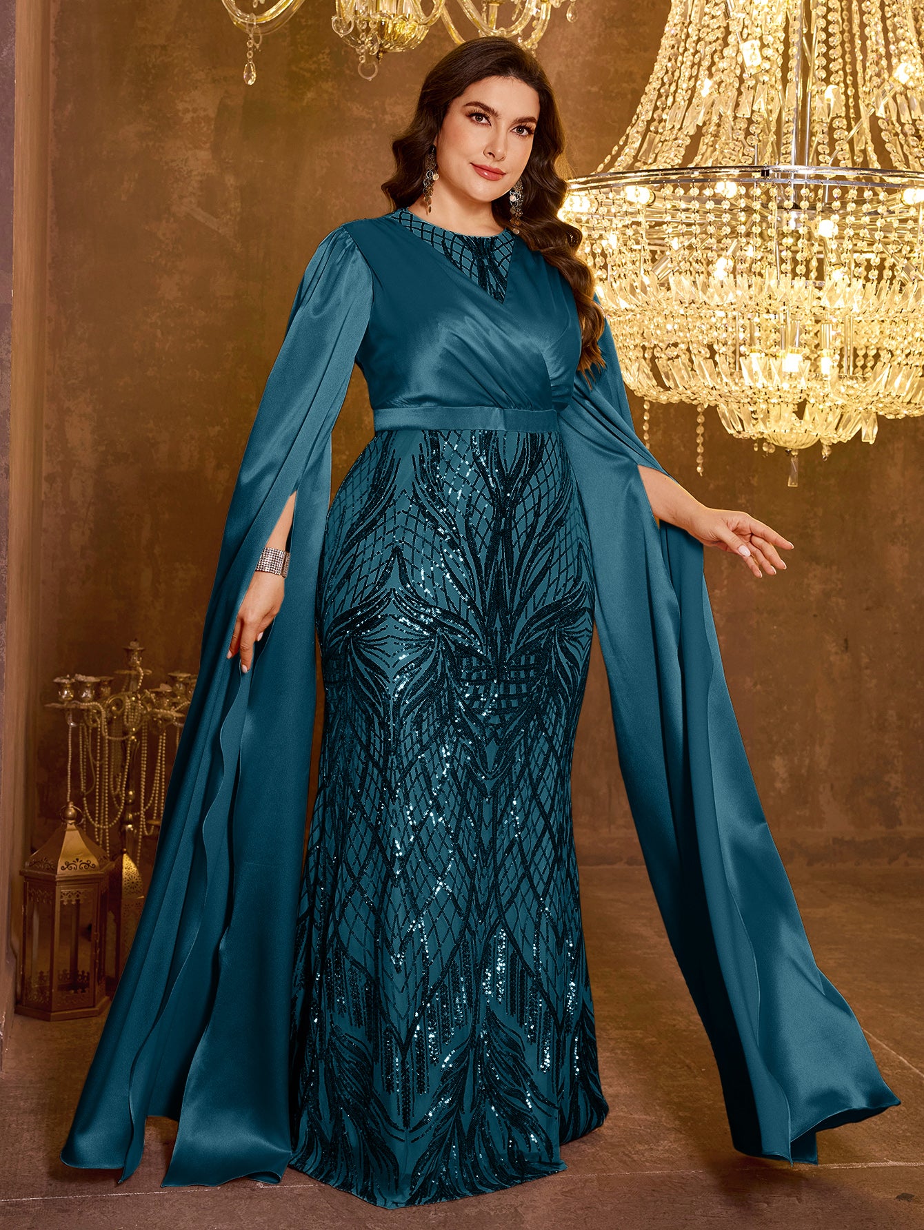 Long Slim Fit Sequin Embroidered Dress