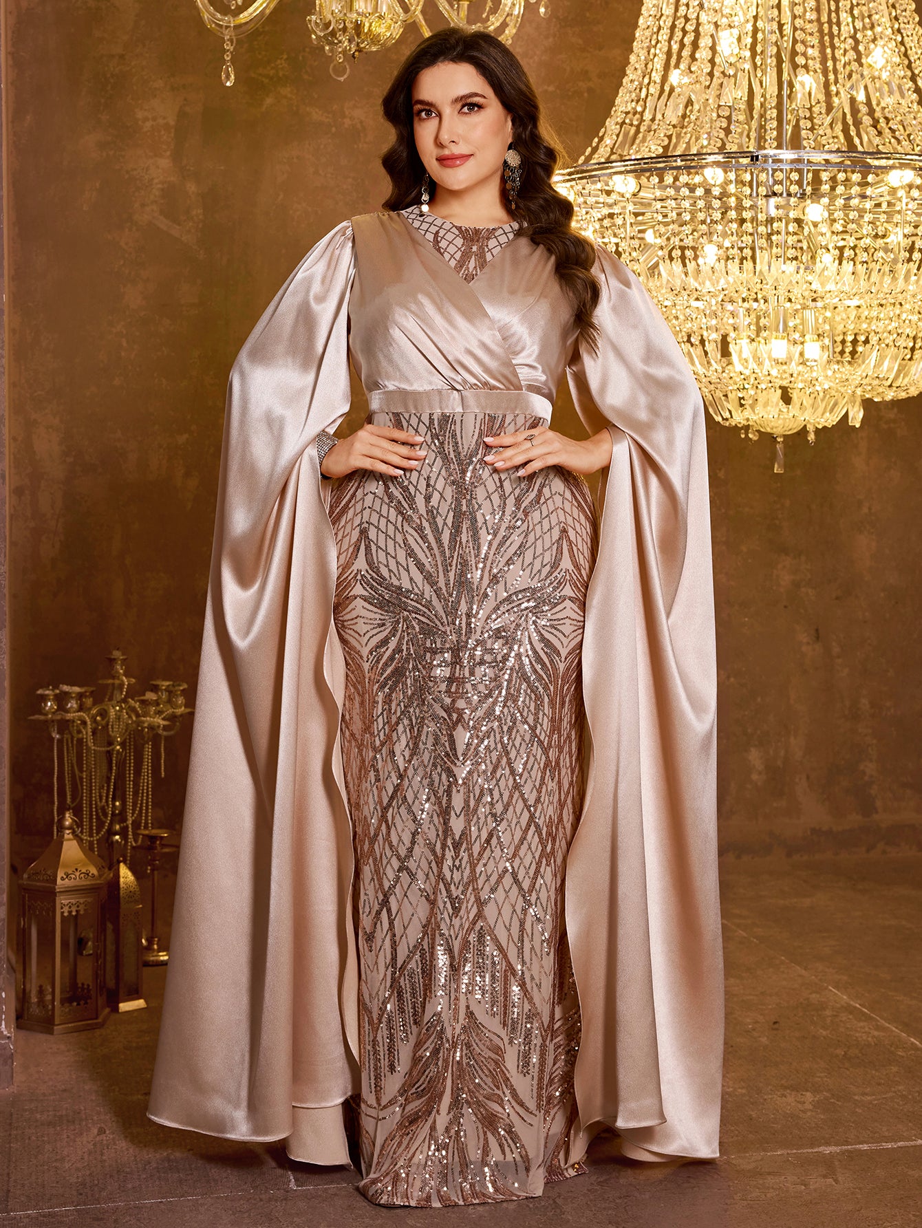 Long Slim Fit Sequin Embroidered Dress