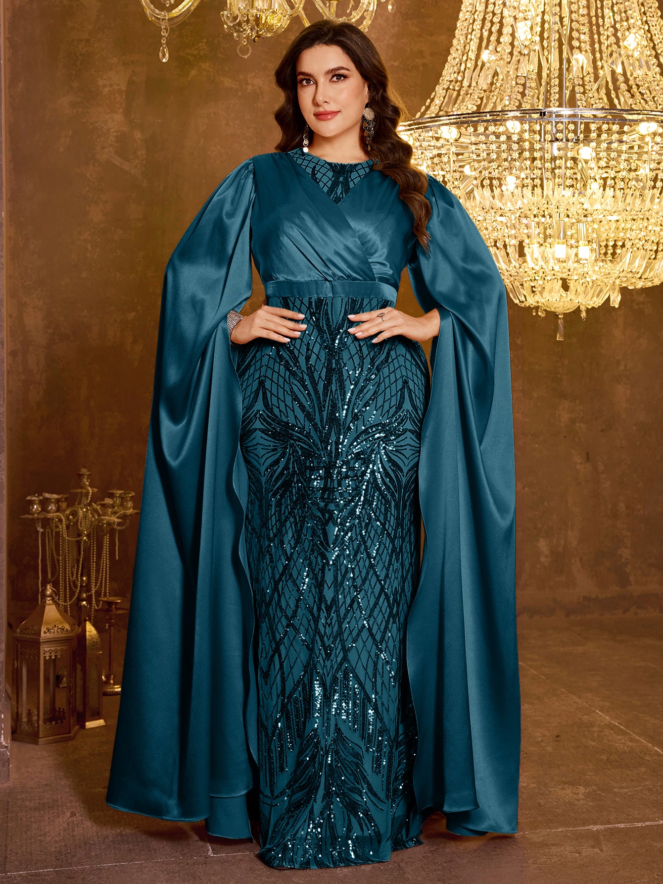 Long Slim Fit Sequin Embroidered Dress
