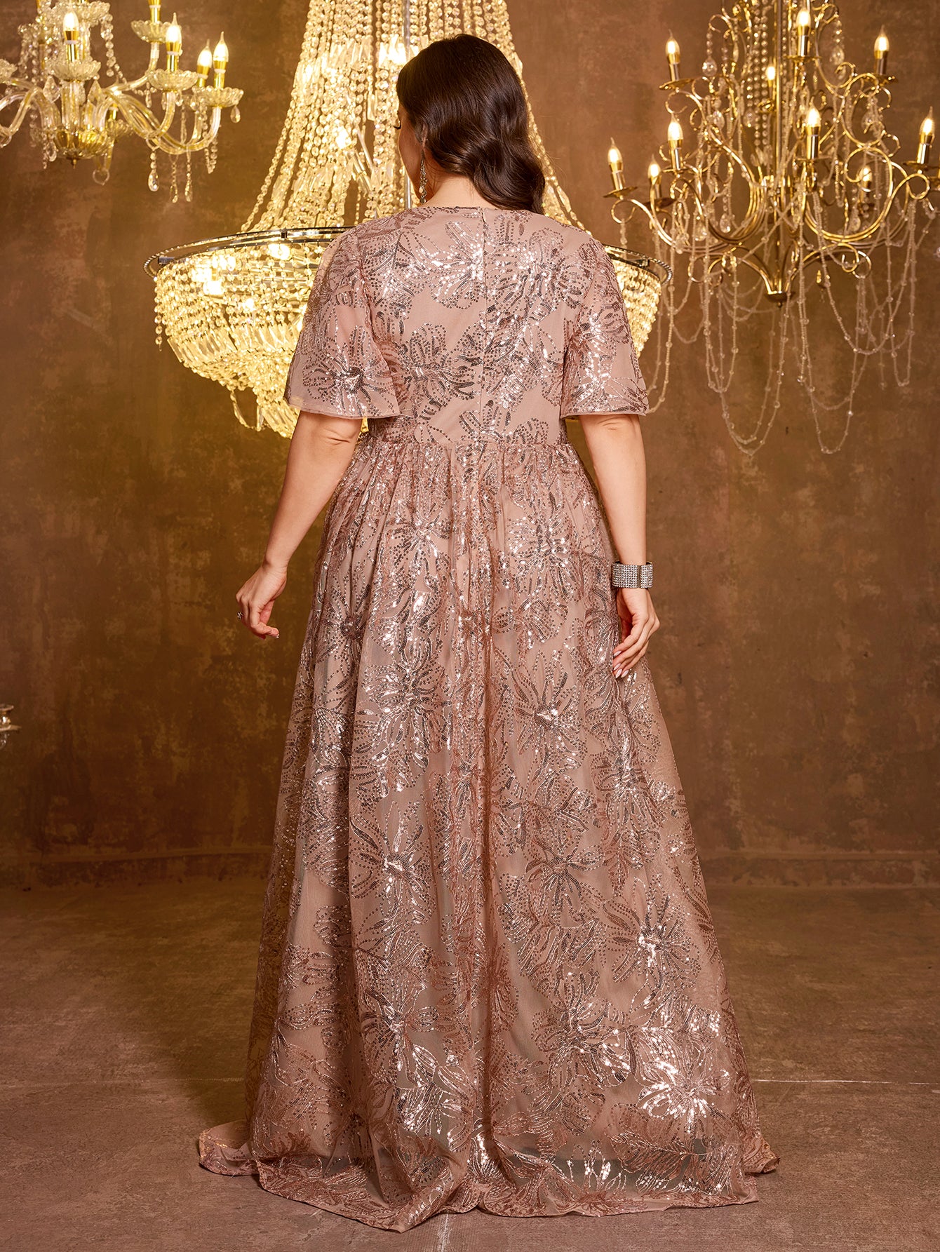 Elegant Formal Short Sleeved Long Embroidered Sequin Dress