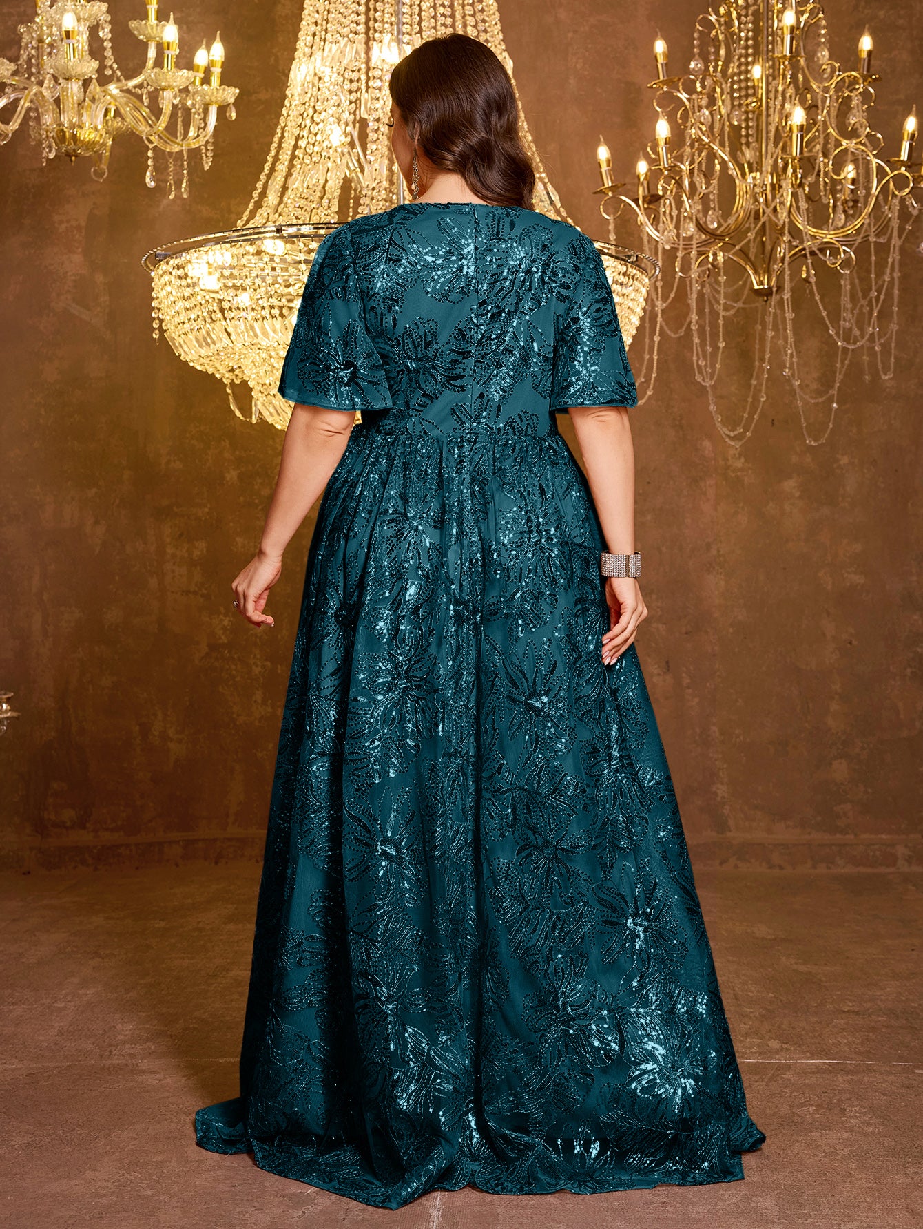 Elegant Formal Short Sleeved Long Embroidered Sequin Dress