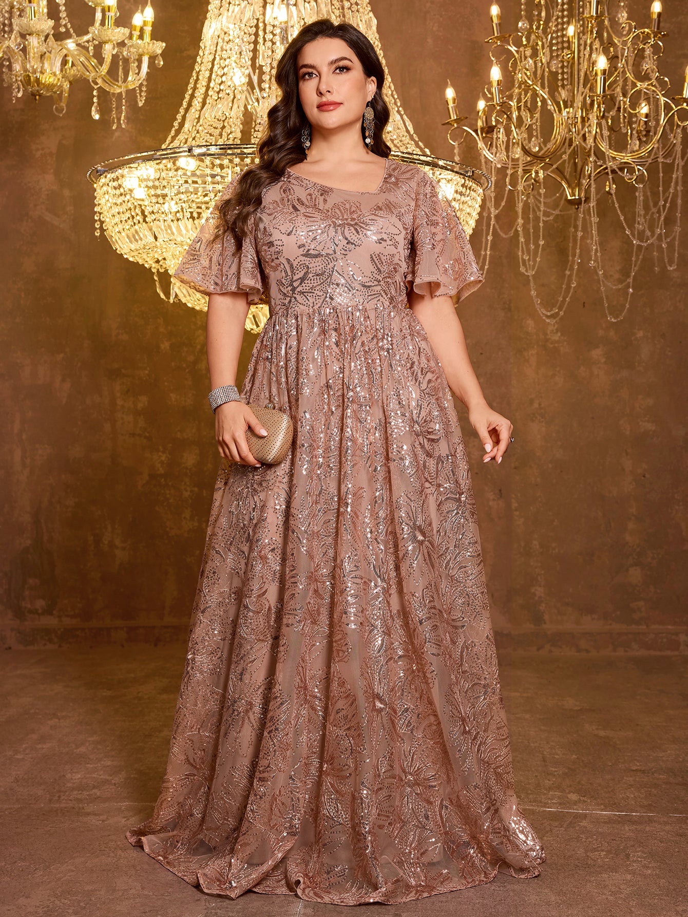 Elegant Formal Short Sleeved Long Embroidered Sequin Dress