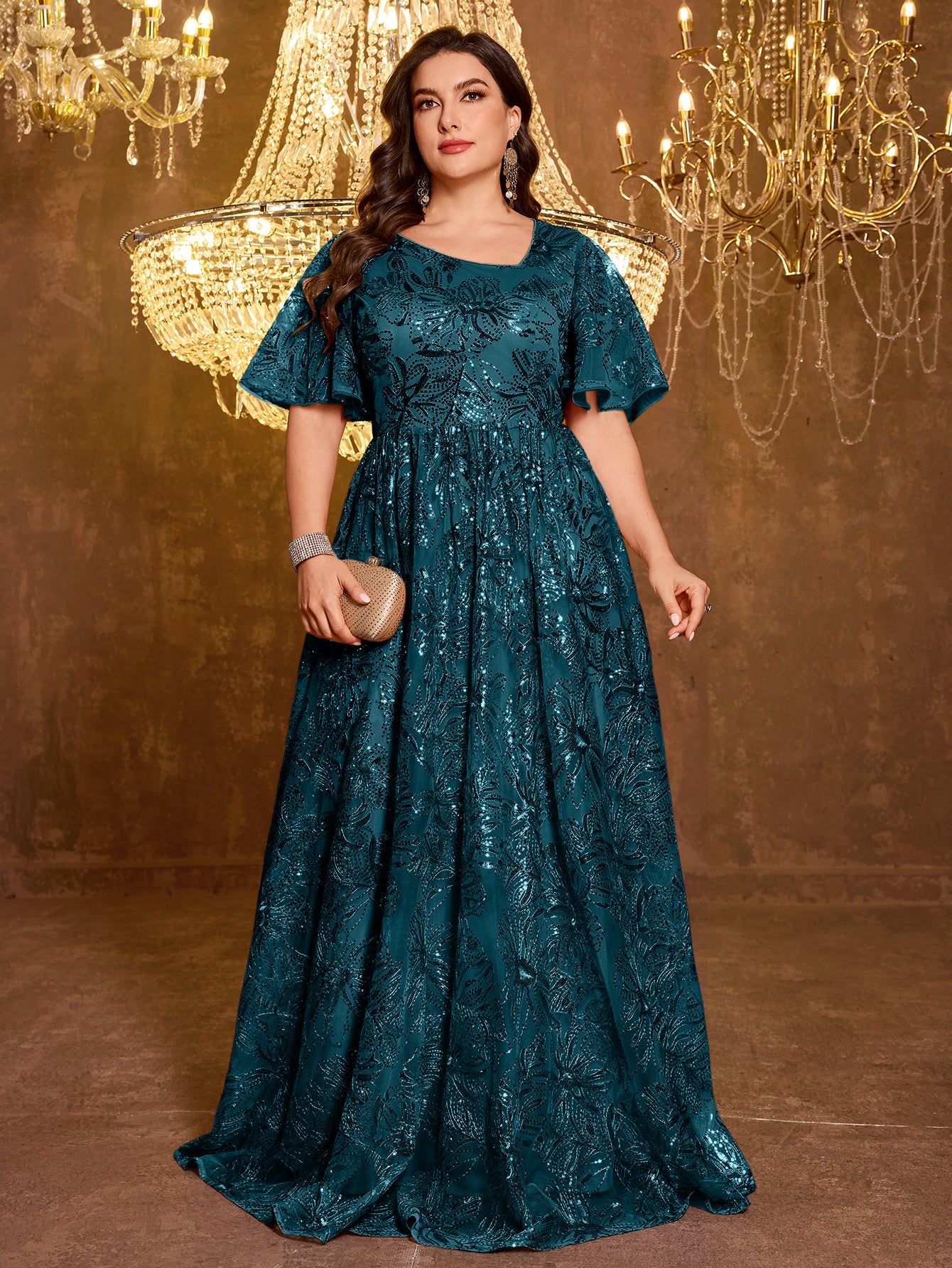 Elegant Formal Short Sleeved Long Embroidered Sequin Dress