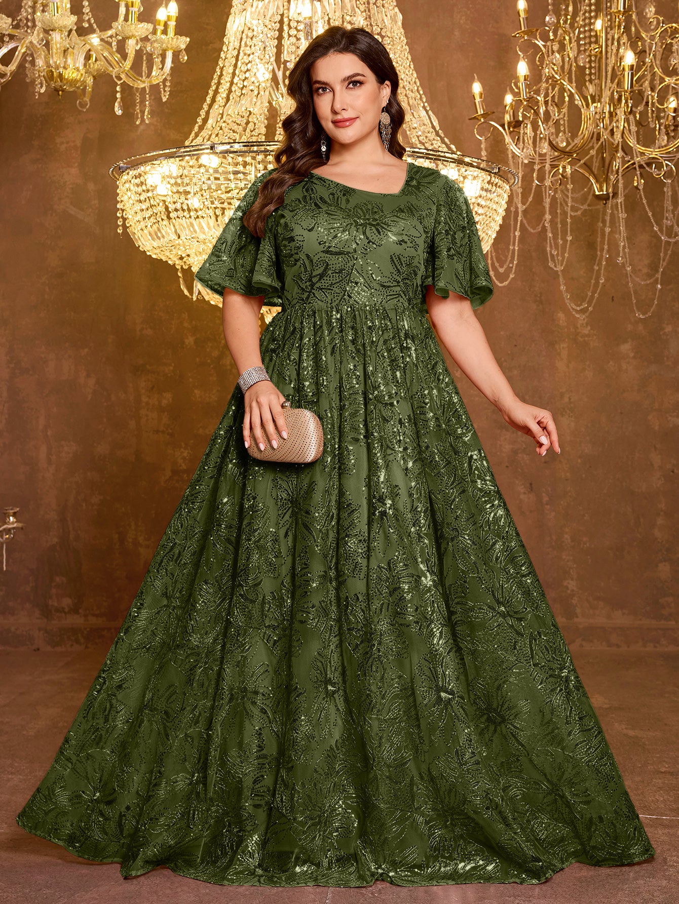 Elegant Formal Short Sleeved Long Embroidered Sequin Dress