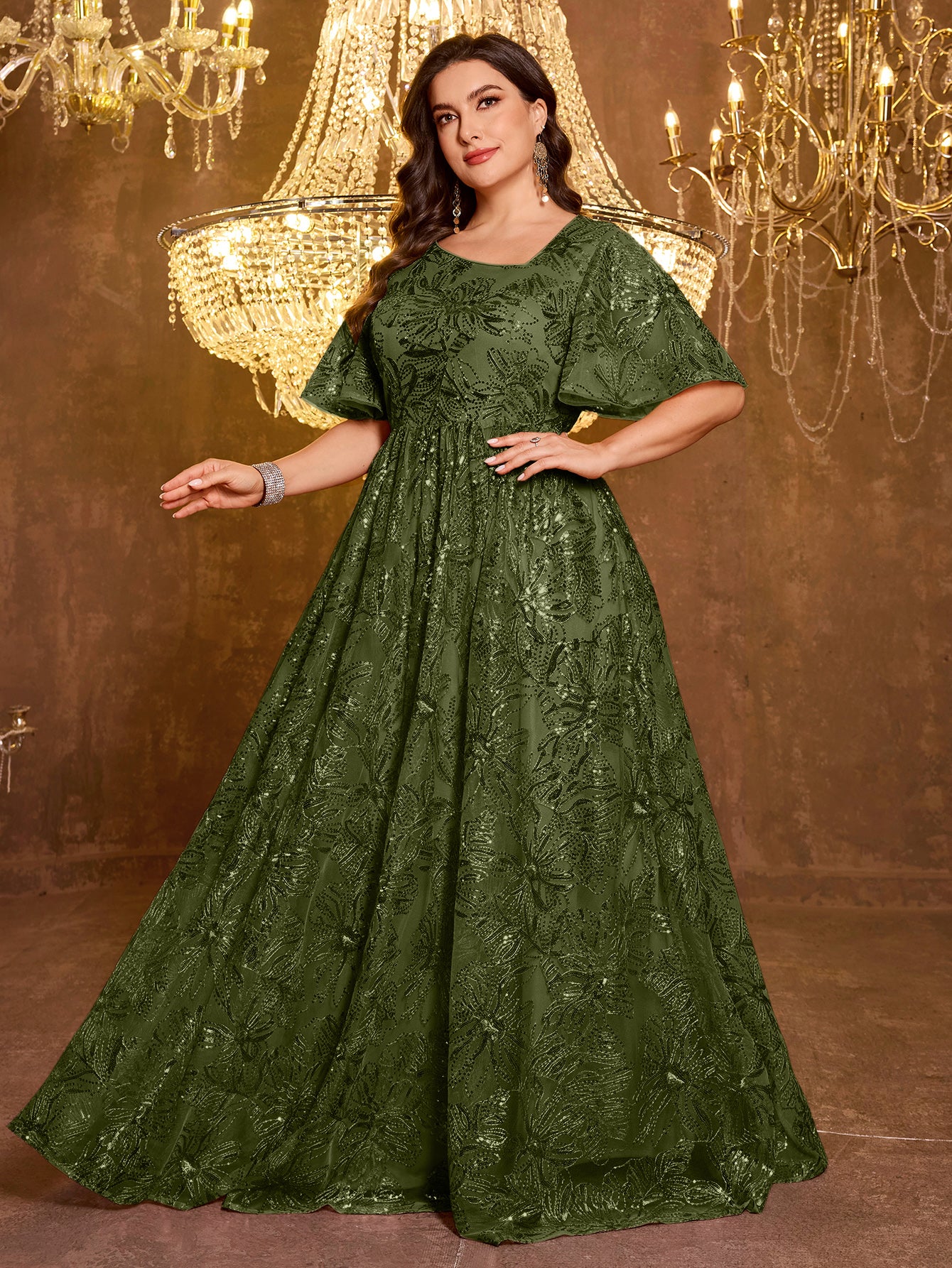 Elegant Formal Short Sleeved Long Embroidered Sequin Dress