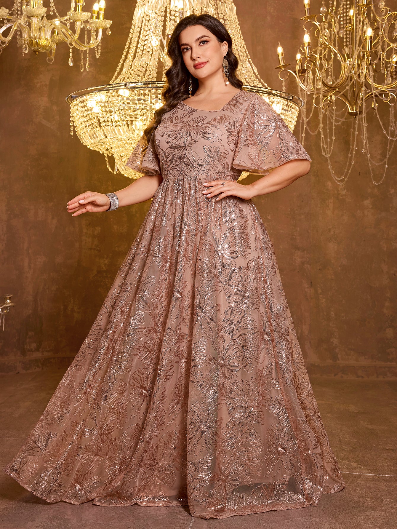 Elegant Formal Short Sleeved Long Embroidered Sequin Dress