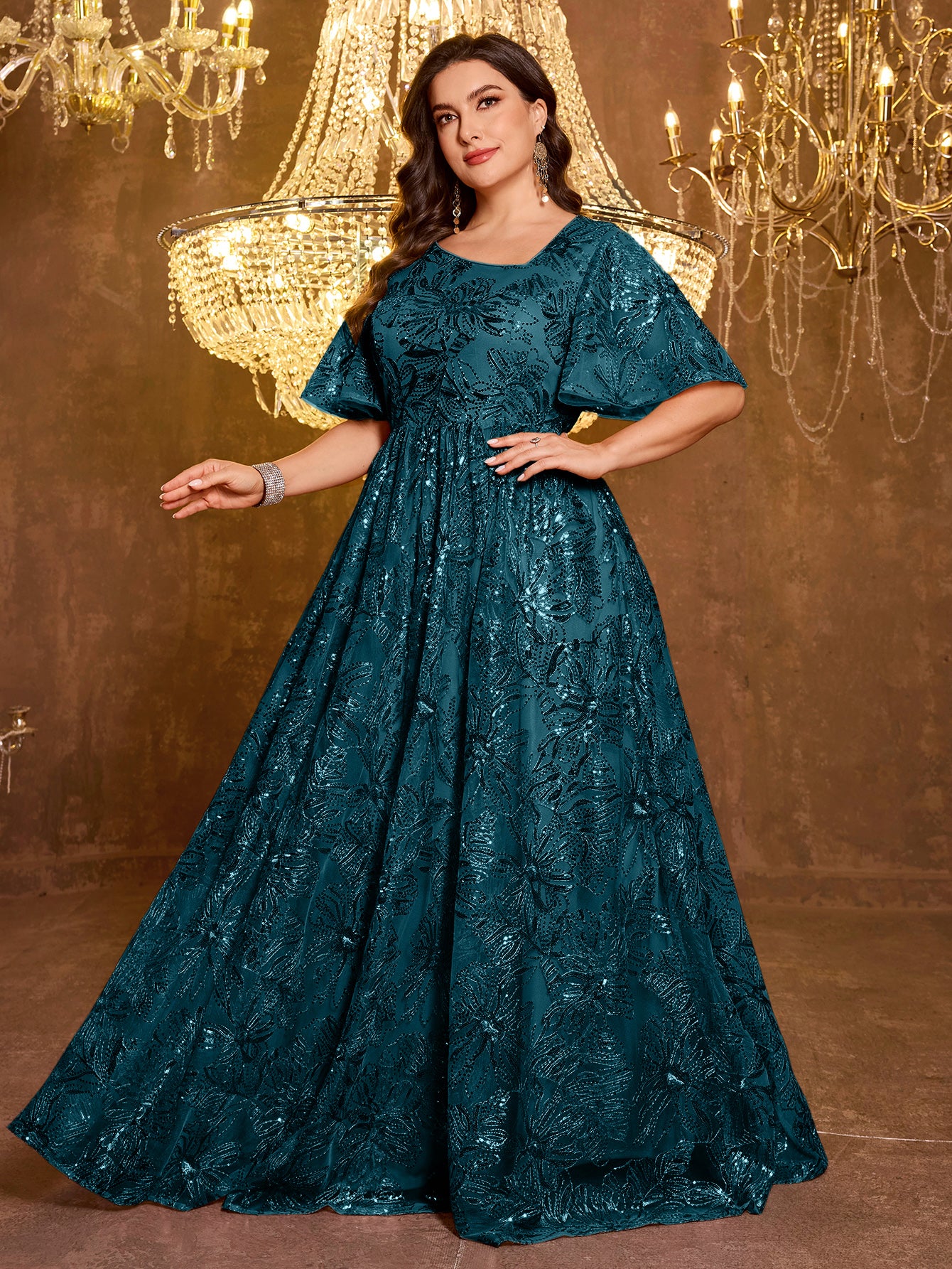 Elegant Formal Short Sleeved Long Embroidered Sequin Dress