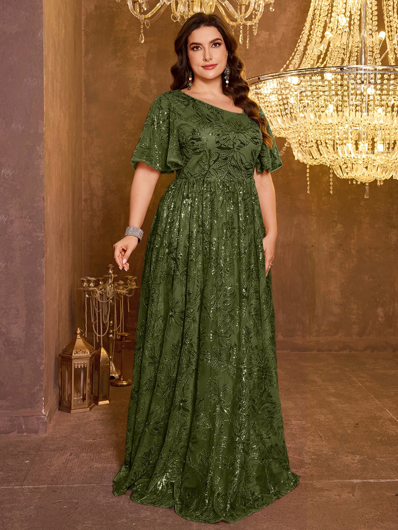 Elegant Formal Short Sleeved Long Embroidered Sequin Dress