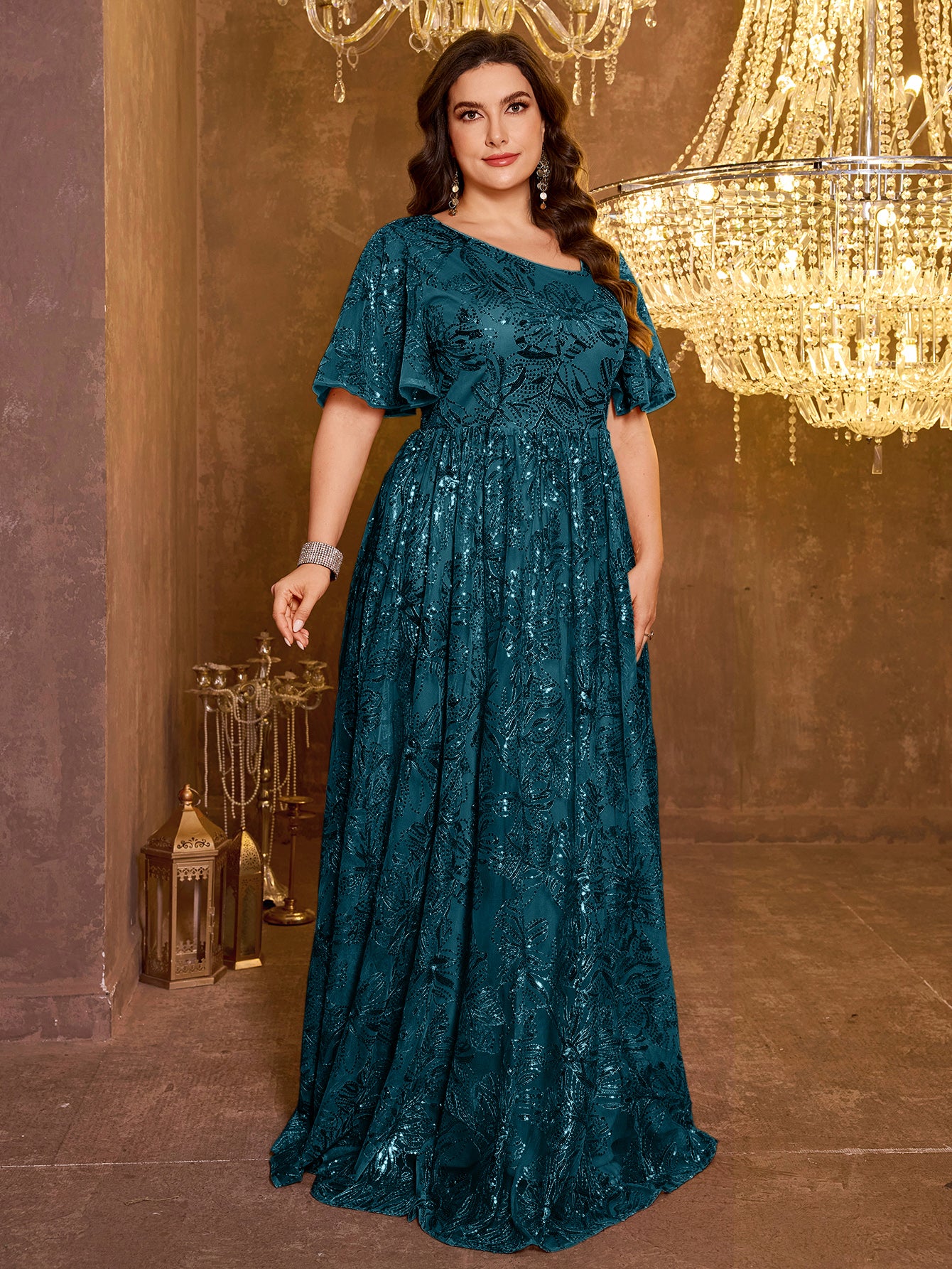 Elegant Formal Short Sleeved Long Embroidered Sequin Dress