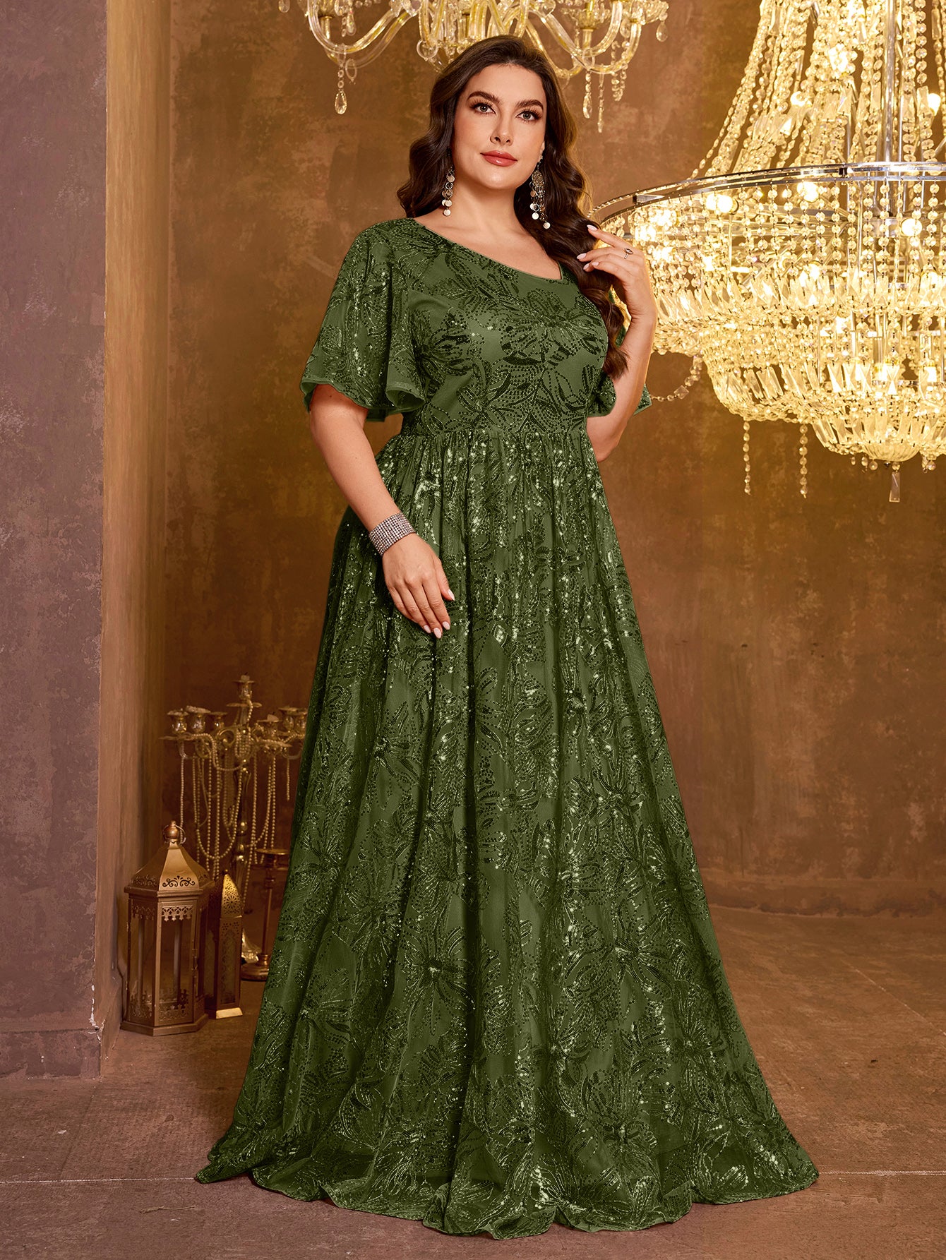 Elegant Formal Short Sleeved Long Embroidered Sequin Dress