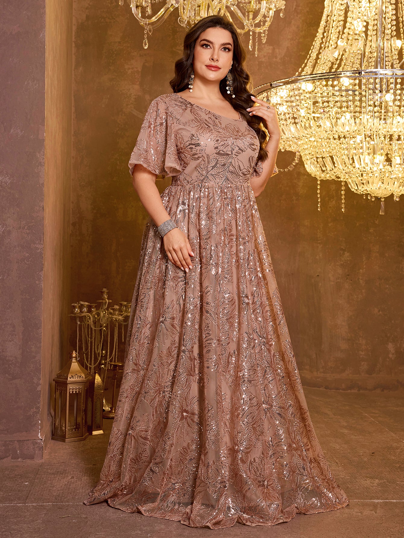 Elegant Formal Short Sleeved Long Embroidered Sequin Dress